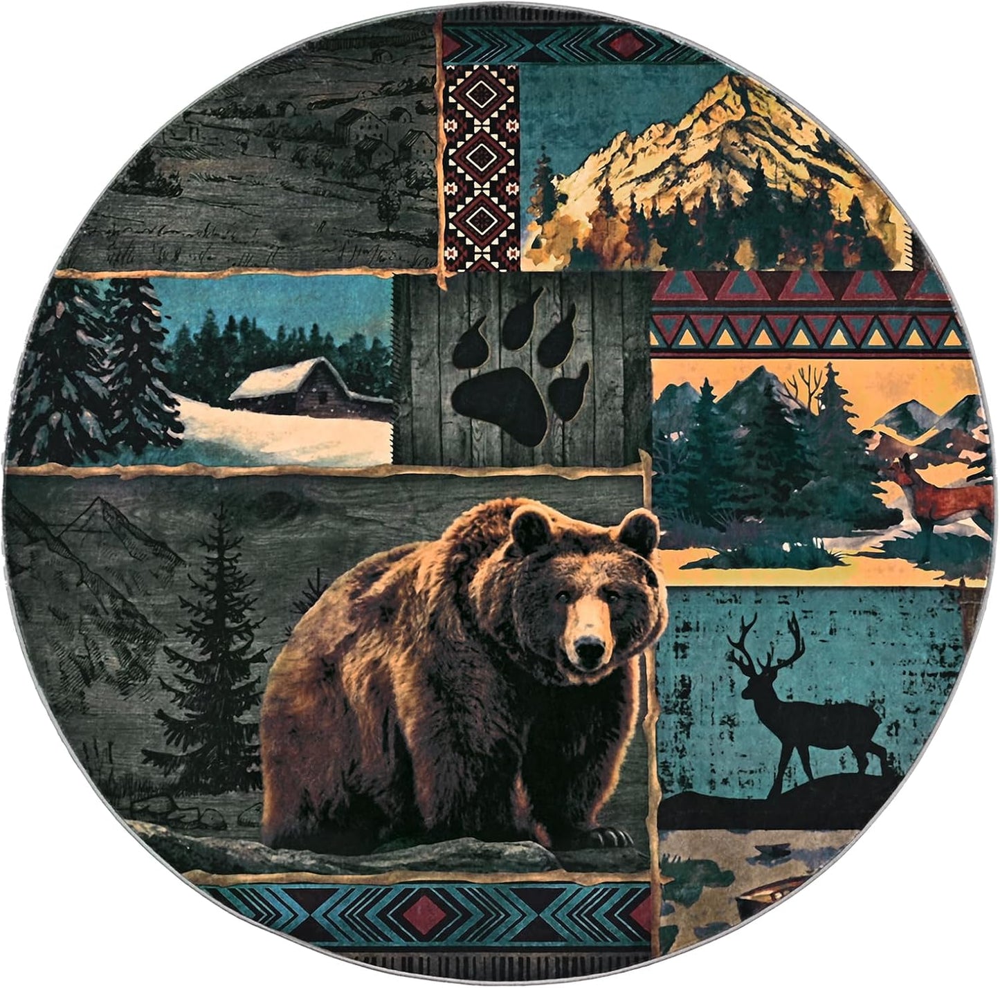 ASPMIZ Rustic Round Rug 4ft, Cabin Bear Moose Area Rugs for Living Room, Low Pile Southwestern Washable Rug Non Slip, Soft Faux Wool Circle Rugs for Bedroom, Entryway, Wildlife Home Decor, Blue