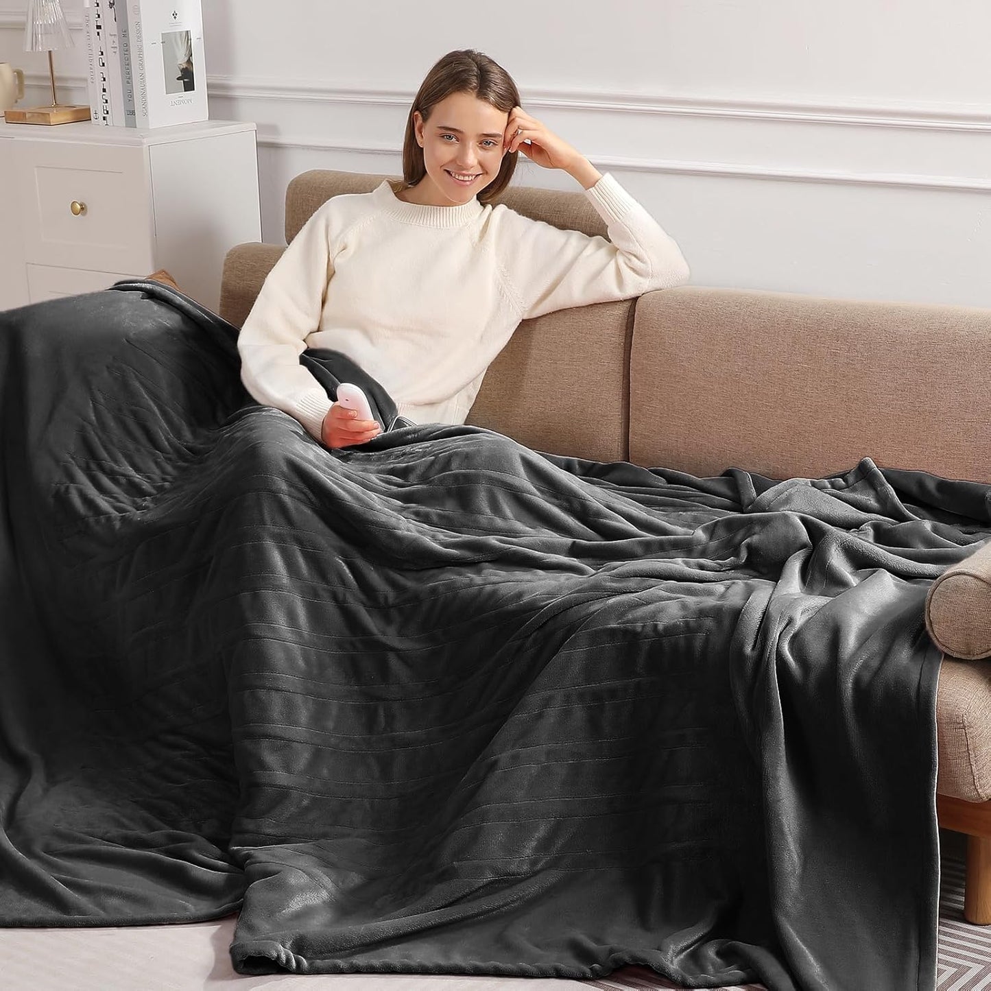 Electric Blanket Full Size Heated Blanket 72"x84" Soft Flannel Heating Blanket with 5 Heating Levels & 10 Hours Auto Off, Warm Gifts for Grandma & Grandpa & Seniors（Charcoal Grey）