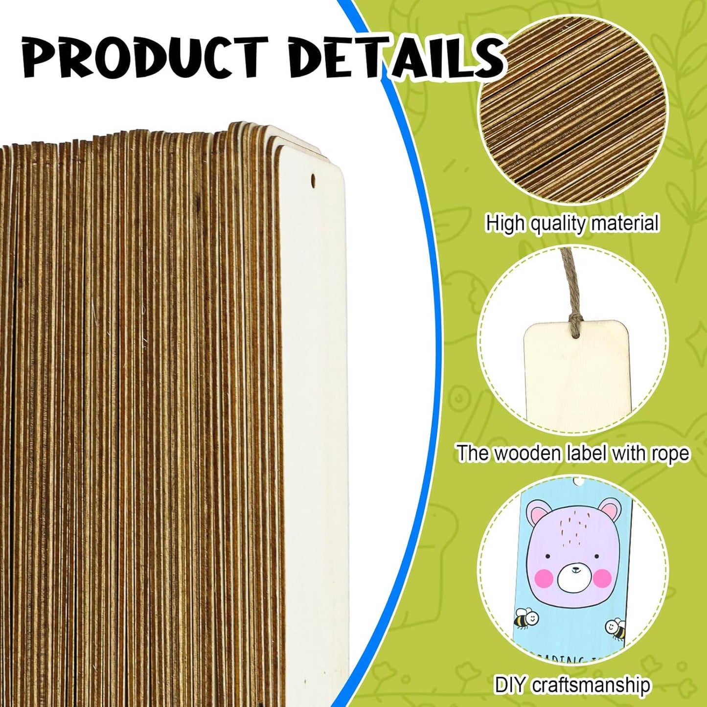 120 PCS Wood Blank Bookmarks Set - Unfinished Wooden Bookmarks with 10m Rope, Hanging Labels for Crafts and Decorations