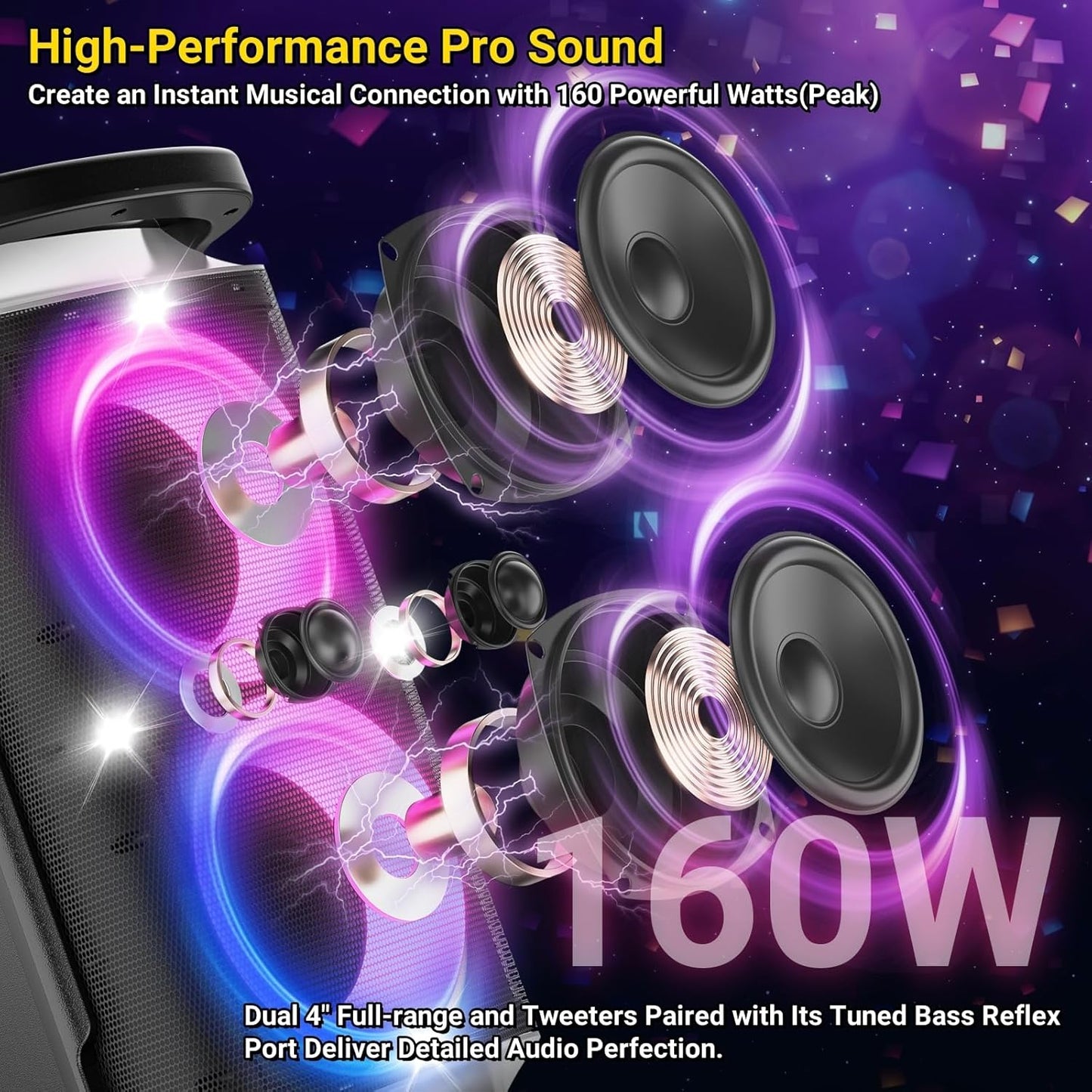 Portable Bluetooth Speaker: 160W Peak Powerful Loud Sound Deep Bass Wireless Boombox Large Subwoofer 15 Hours Battery Life Fast Charging with Led Light Show for Party Outdoor Camping Backyard