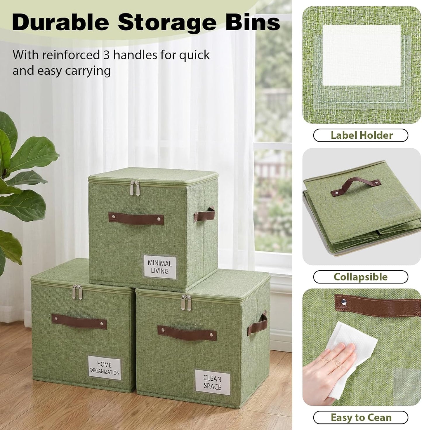 Storage Cubes with Zipper Lid, 11x11x11in Fabric Lidded Storage Boxes Baskets, 1 Pack Foldable Washable PU Leather Handle Cotton Linen Fabric Shelf Closet Organizer Container (Green, Label Pocket)