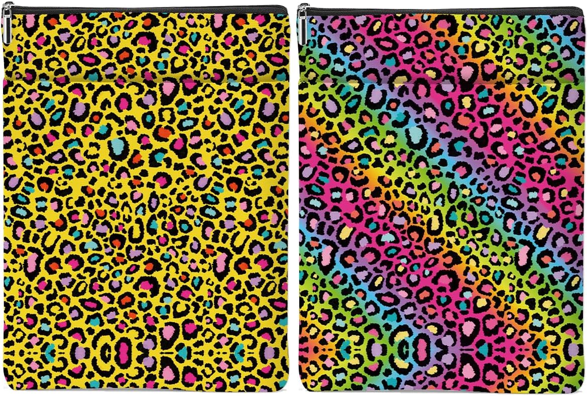 2 Pack Rainbow Leopard Print Book Sleeve, Books Protector，Books Pouch， Book Lovers Gifts，Bookish Gifts Waterproof Cover with Zipper，Leopard Decor Gift Bag for Women Sister Birthday Appreciation