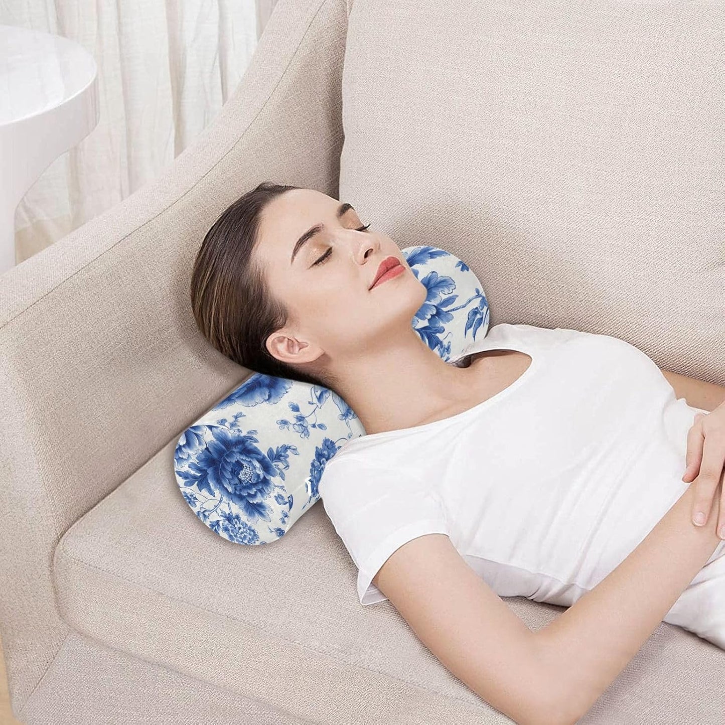 Blue and White Peony Flowers Butterfly Neck Roll Pillow Bolster Round Health Memory Foam Long Cervical Cylinder Pillows with Removable Washable Cover for Body Bed Legs Back Yoga