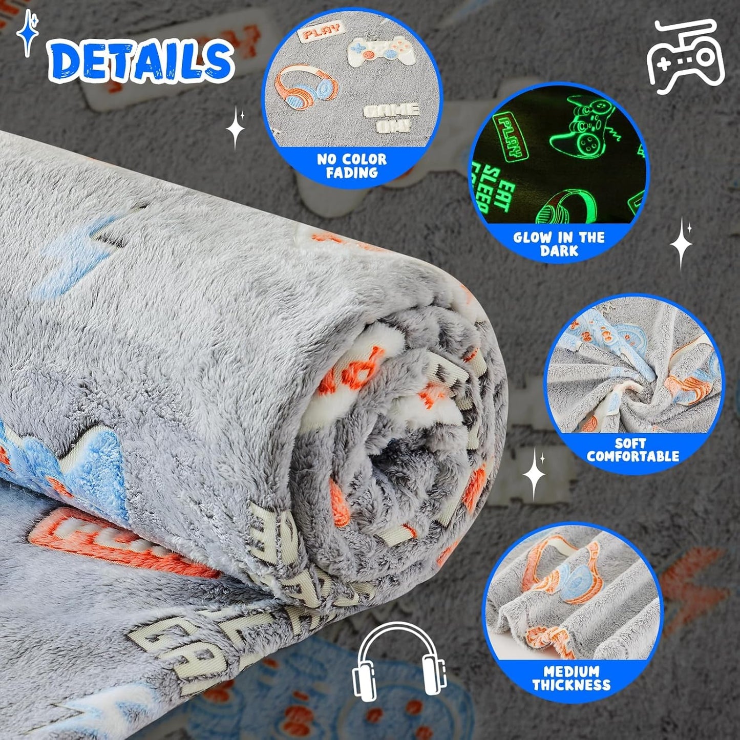 inhand Glow in The Dark Blanket Gaming Gifts for Boys Controller Kids Throw Gamer Blanket Gamer Toys for Kids Boys Presents Birthday Easter Halloween Grey 30"x40"