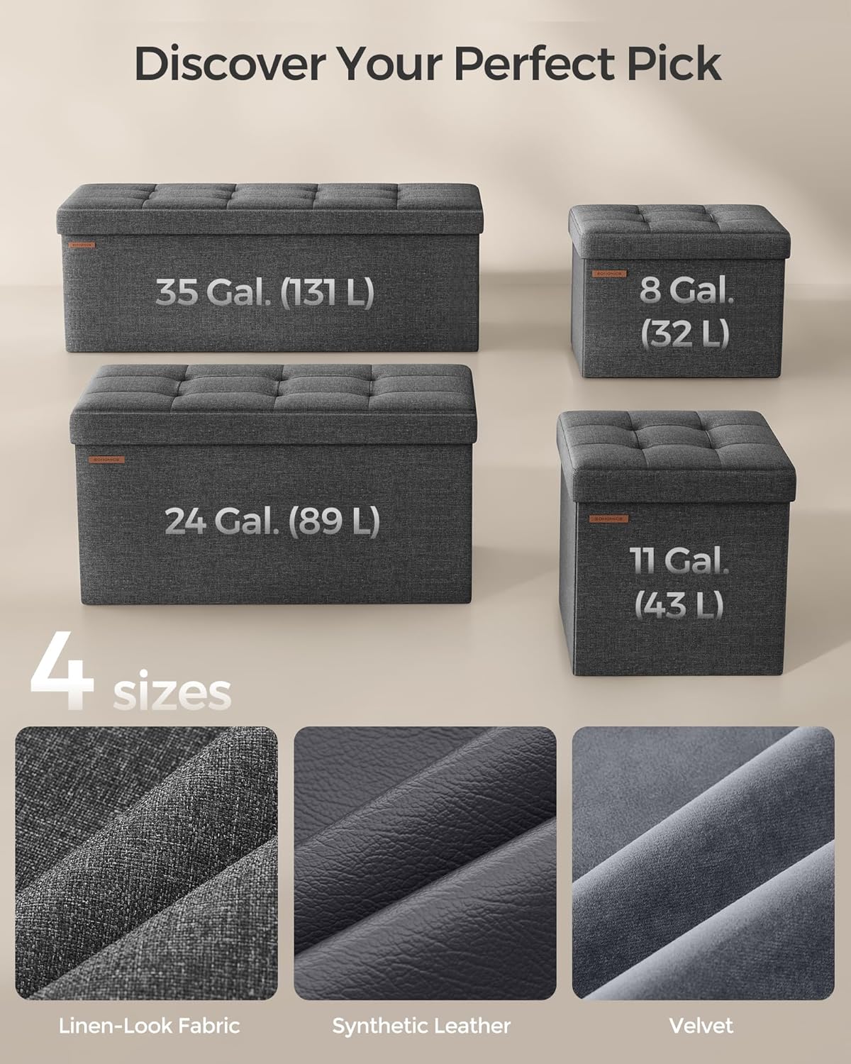 SONGMICS Storage Ottoman, Foldable Small Ottoman Foot Rest, 15 Inches Foot Stool, Cube Ottoman with Storage, Load up to 660 lb, for Living Room, Bedroom, Dorm, Dark Gray ULSF27Z