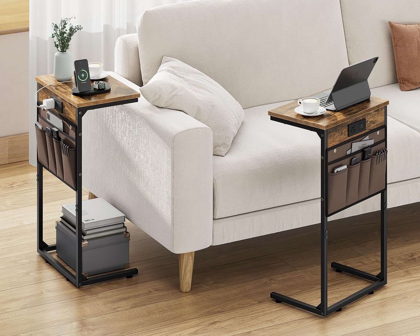 Vagusicc C Shaped End Table with Charging Station, 28" Tall Side Table for Couch, Sofa Table Small Couch Side Coffee Tables, Slide Under Sofa TV Tray Arm C Table for Living Room, Bedroom, Bedside