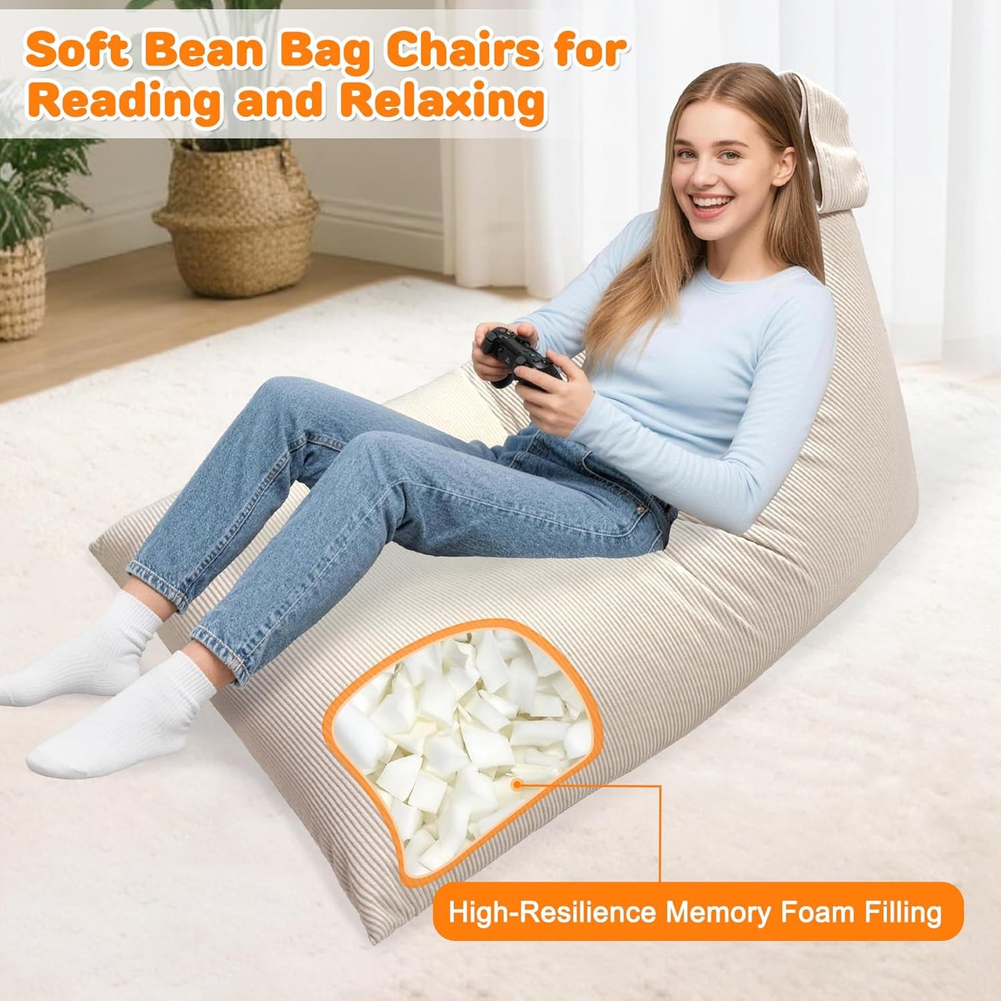 Lukeight Bean Bag Lounger Chair with Memory Foam for Kids Teens Adults, Bean Bag Sofa with Removable Cover, Cozy Beanbag Chair for Living Room, Lazy Sofa for Gaming and Reading, XX-Large
