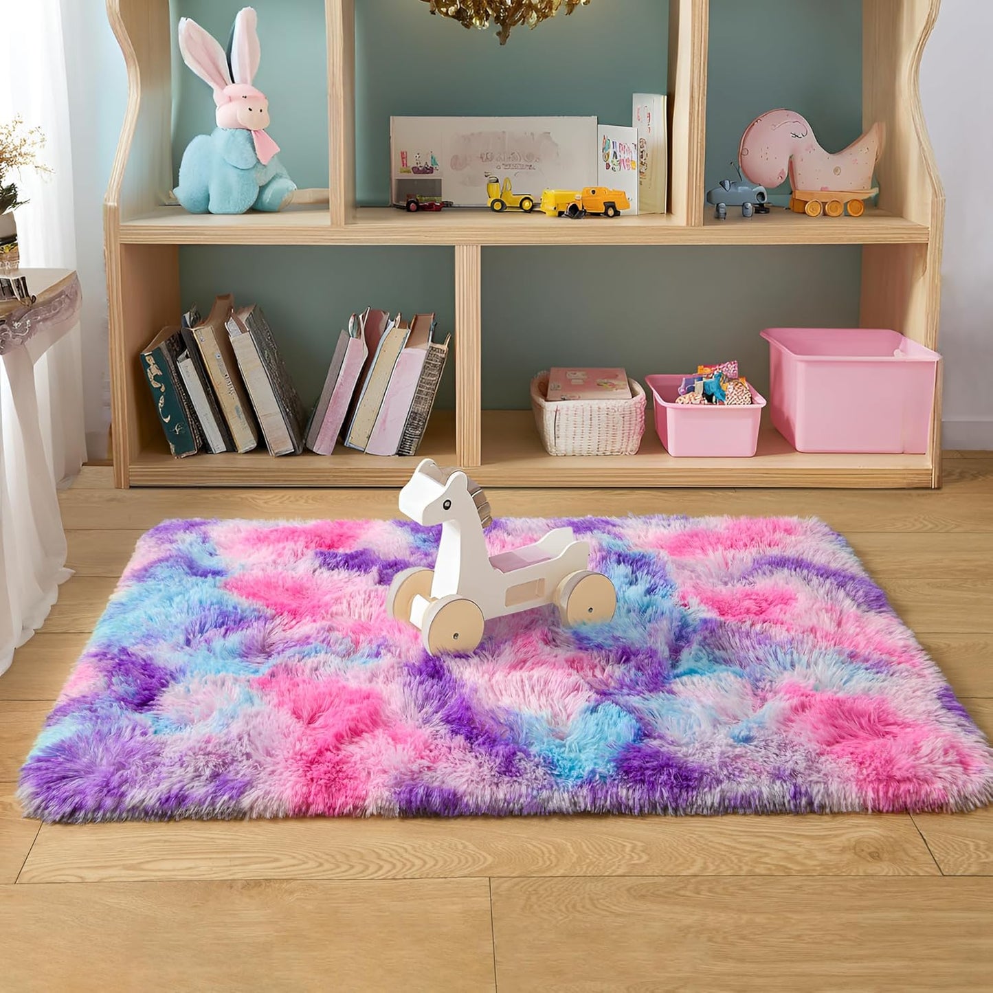 Tepook Soft Rainbow Rug for Girls Room, Cute Fluffy Girls Bedroom Rugs, 2x3 Feet Shaggy Princess Rug Colorful Carpet for Kids Teens Toddler Playroom Nursery Reading Nook, Hot Pink