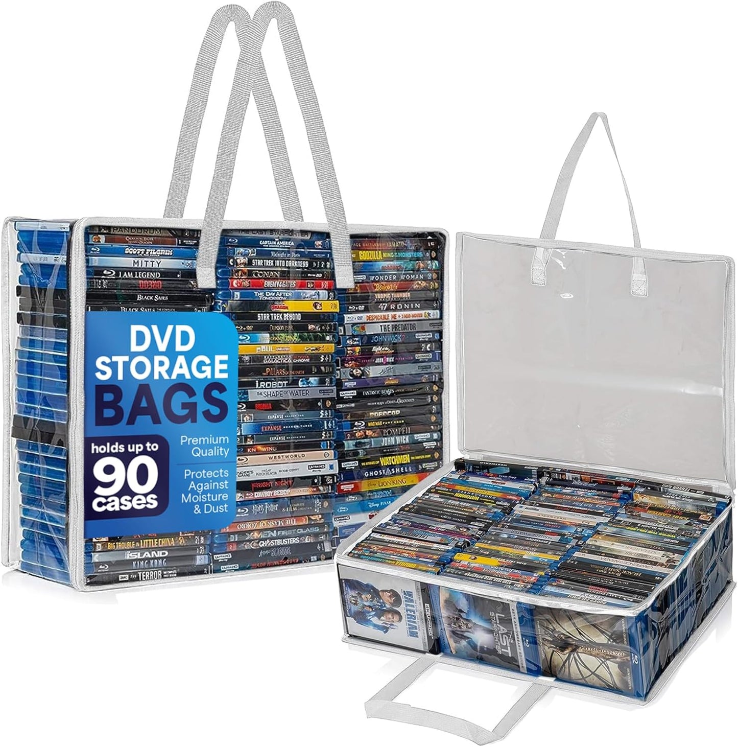 Besti Blu Ray Case Holder Organizer, Set of 2 Clear Plastic Bags with Handles for Storing Blurays, DVDs, CDs, Storage Bags for Video Game Cases, Holds Up To 90 Bluray and 60 DVD Cases (White)