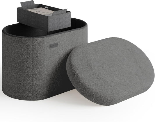 STORAGEBUD Round Ottoman with Storage for Living Room, 18 Inch Storage Ottoman, Small Ottomans Foot Rest, Boucle Foot Stool Ottomans Max 330lbs, Grey