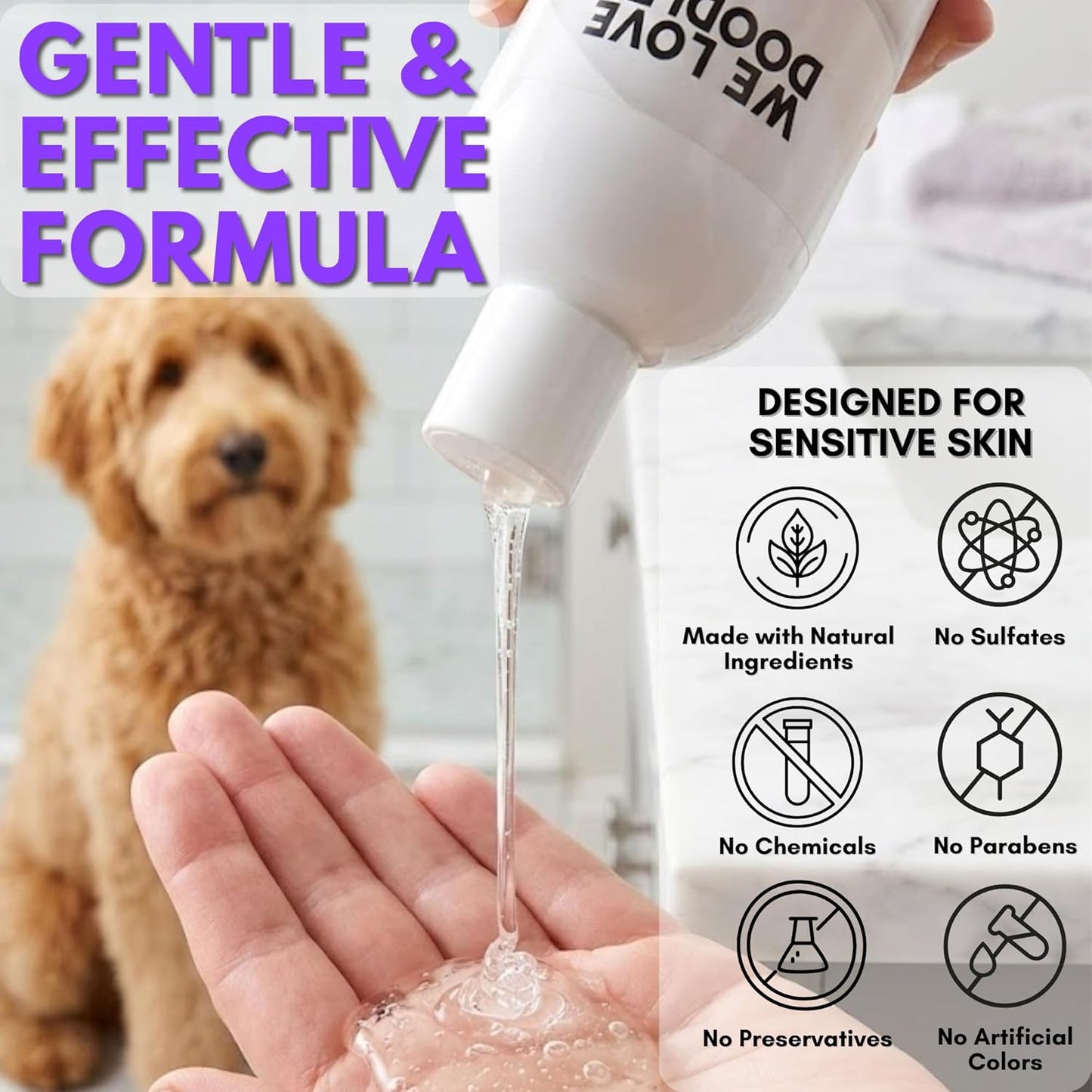 Dog Shampoo, Conditioner & Detangler - Best Shampoo for Goldendoodles, Poodles & Doodles Pet Hair - Hypoallergenic, Tearless, Sensitive Skin for Puppies & All Dog Breeds - Made in USA, 16OZ (Lavender)