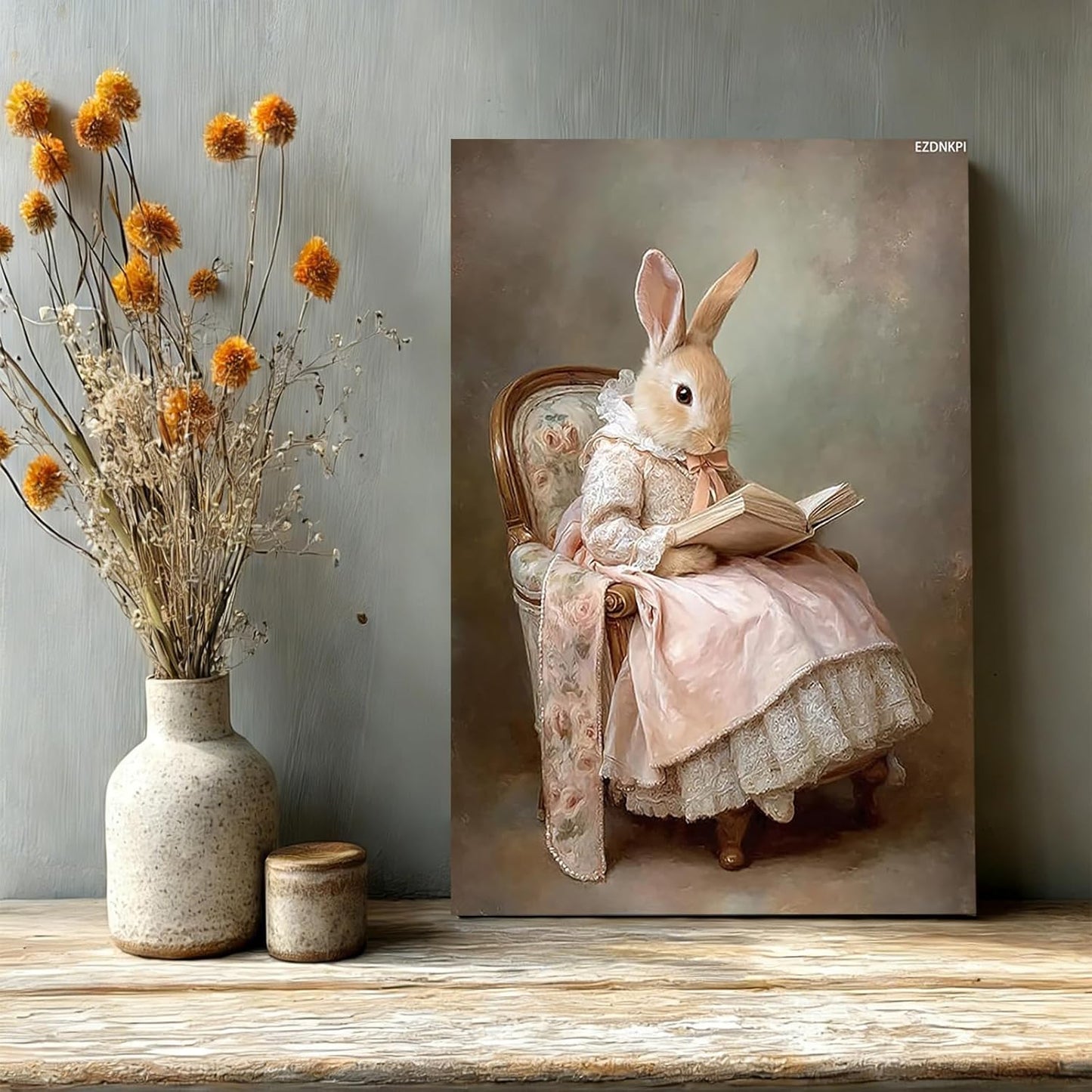 Reading Bunny Canvas Wall Art Vintage Rabbit in Dress with Book Wall Decor for Living Room Bedroom 8x12inch Framed