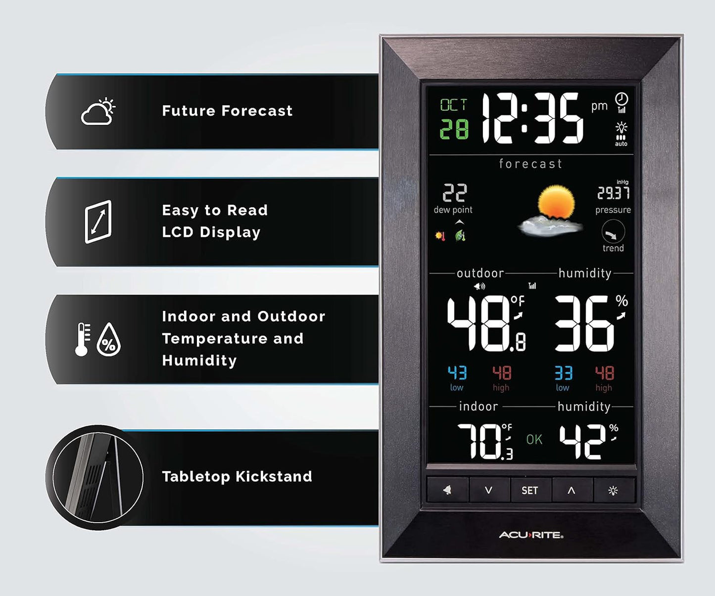 AcuRite Digital Vertical Weather Forecaster with Indoor/Outdoor Temperature, Humidity, and Date and Time (01121M) , BLACK