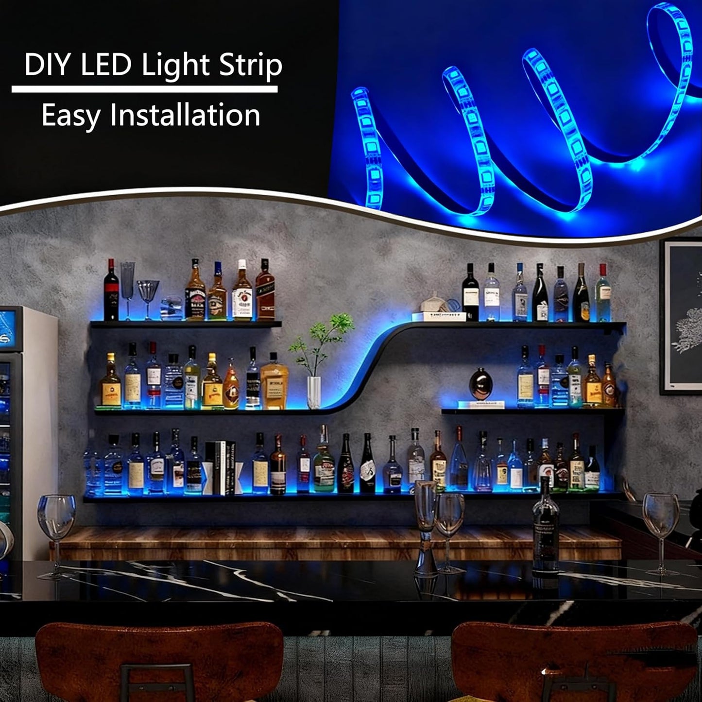 Modern Wall Mounted Wine Rack with Blue LED Light, 3-tiers Metal Curved Bar liquor Bottles Display Shelf, Large Floating Bar Shelves Storage for Home bars, kitchens Coffee Shop (Black, 47in)