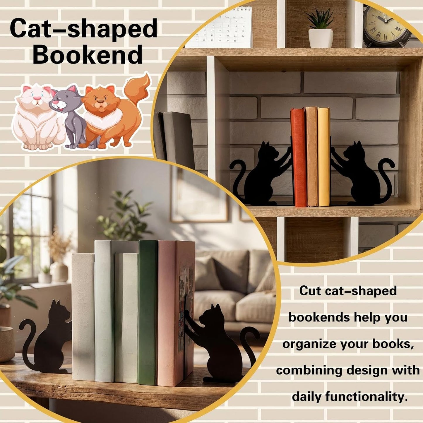 Hicarer Cat Metal Bookends Push Cat Bookends Cute Book Ends for Shelves Decorative Home Office Desk Bookshelf Gift for Reading Enthusiasts Family