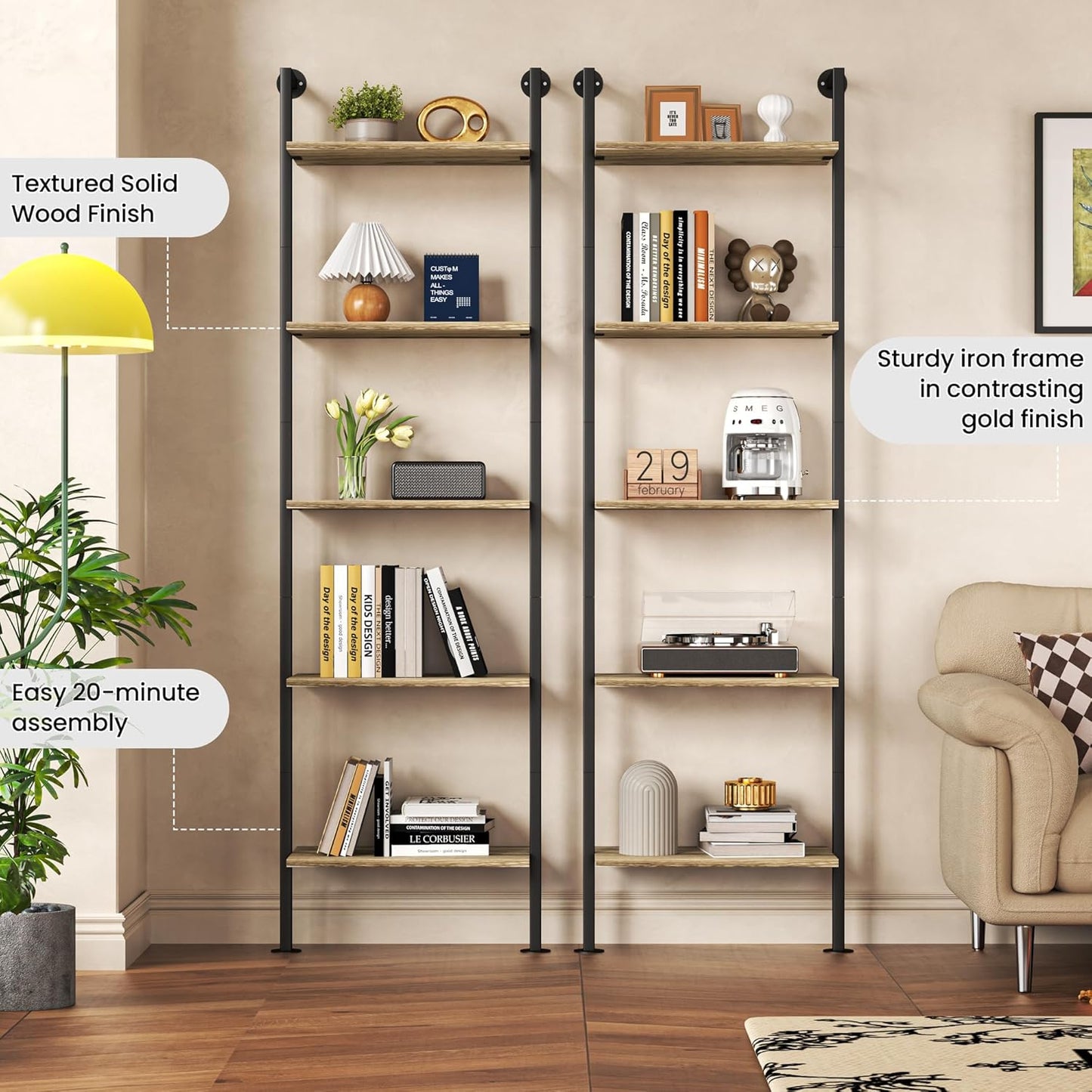 5-Tier Solid Wood Bookshelf, Narrow Book Shelf Set of 2, Wall Mount Ladder Shelf, Storage Rack for Living Room, Bedroom, Industrial Style, Rustic Brown