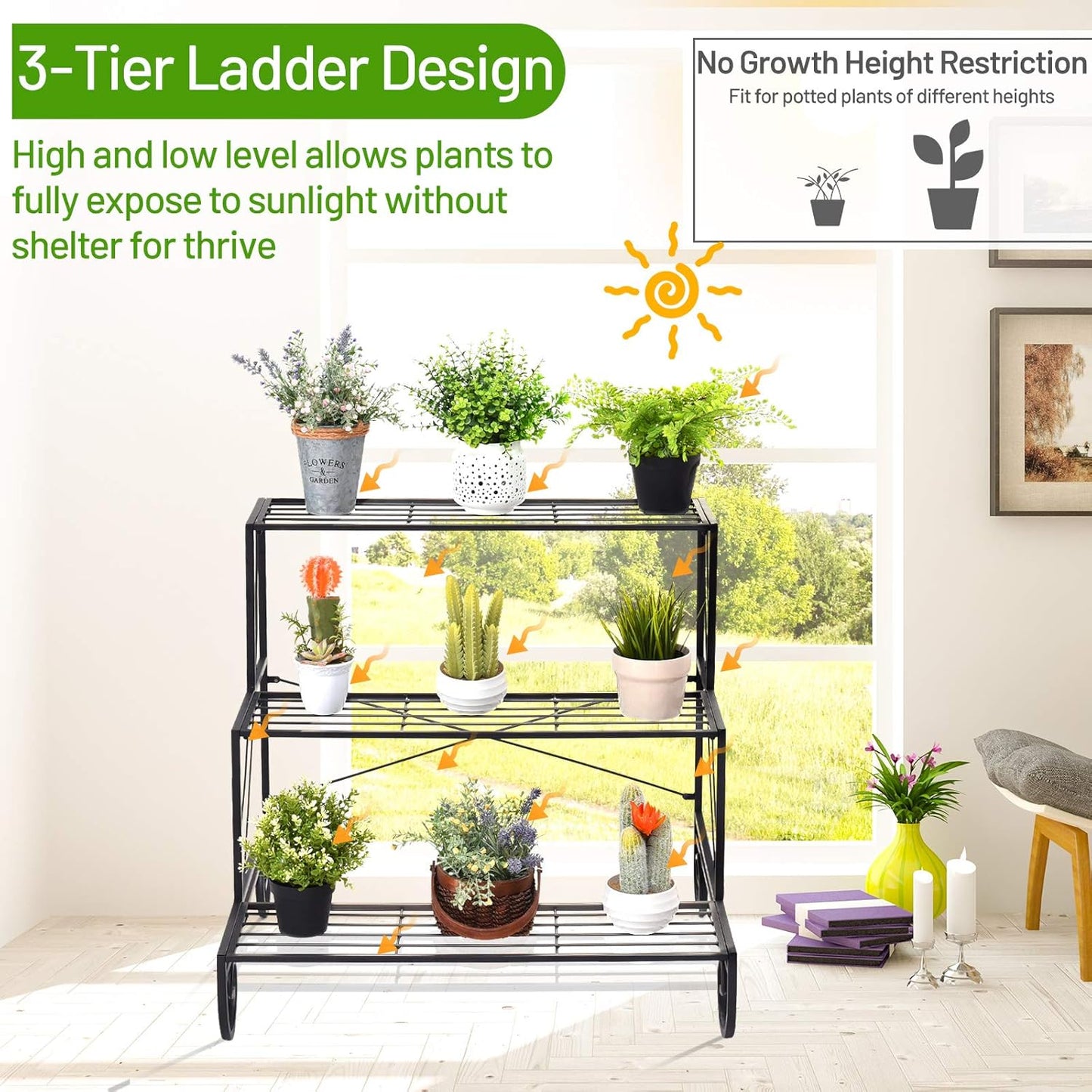 Giantex Tiered Plant Stand Outdoor, 3 Tier Metal Plant Stands for Multiple Plants w/ Curved Legs, Garden Shelf Flower Pot Holder Storage Organizer Rack for Indoor Outdoor Garden Balcony Porch