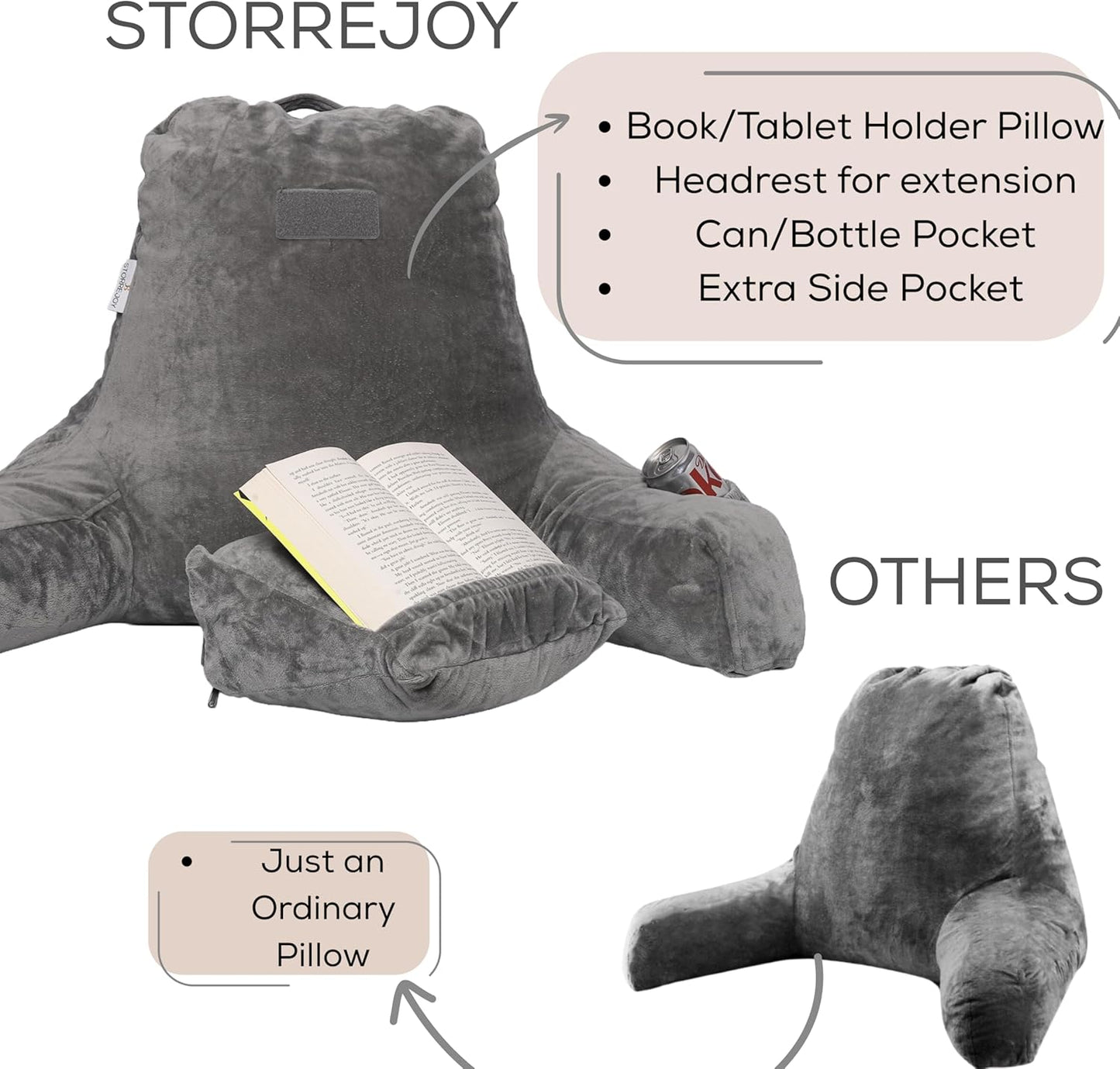 XL Reading Pillow for Bed with Arms – 2026 Upgrade Fixed Headrest Book Pillow, Supportive Ergonomic Backrest for iPad Reading, Dorm Rooms, TV Watching & Relaxing (Grey)