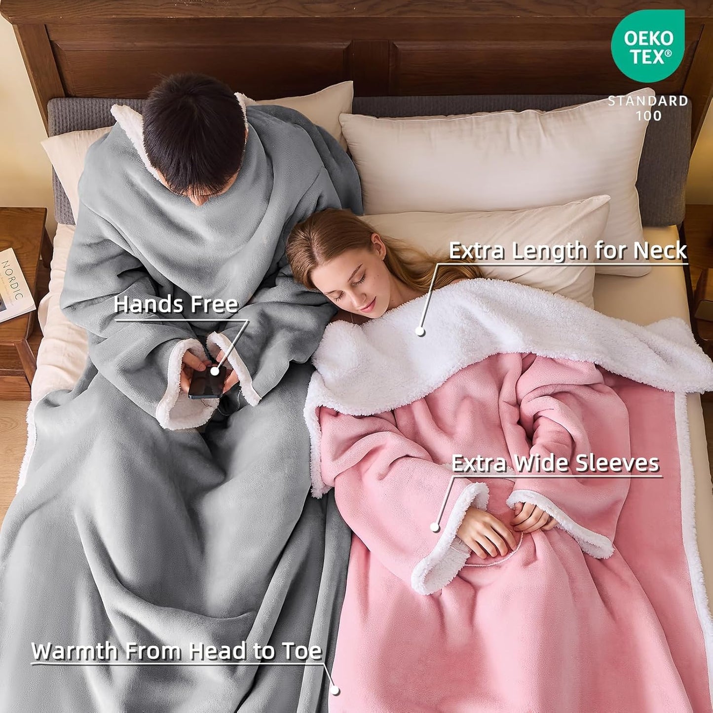 IFNOW Sherpa Wearable Blanket with Sleeves for Women Men Adults, Christmas Birthday Gifts for Women Mom Wife, Cozy Wearable Blanket with Arm and Pocket, Warm Full Body TV Wrap Throw Blanket, Pink