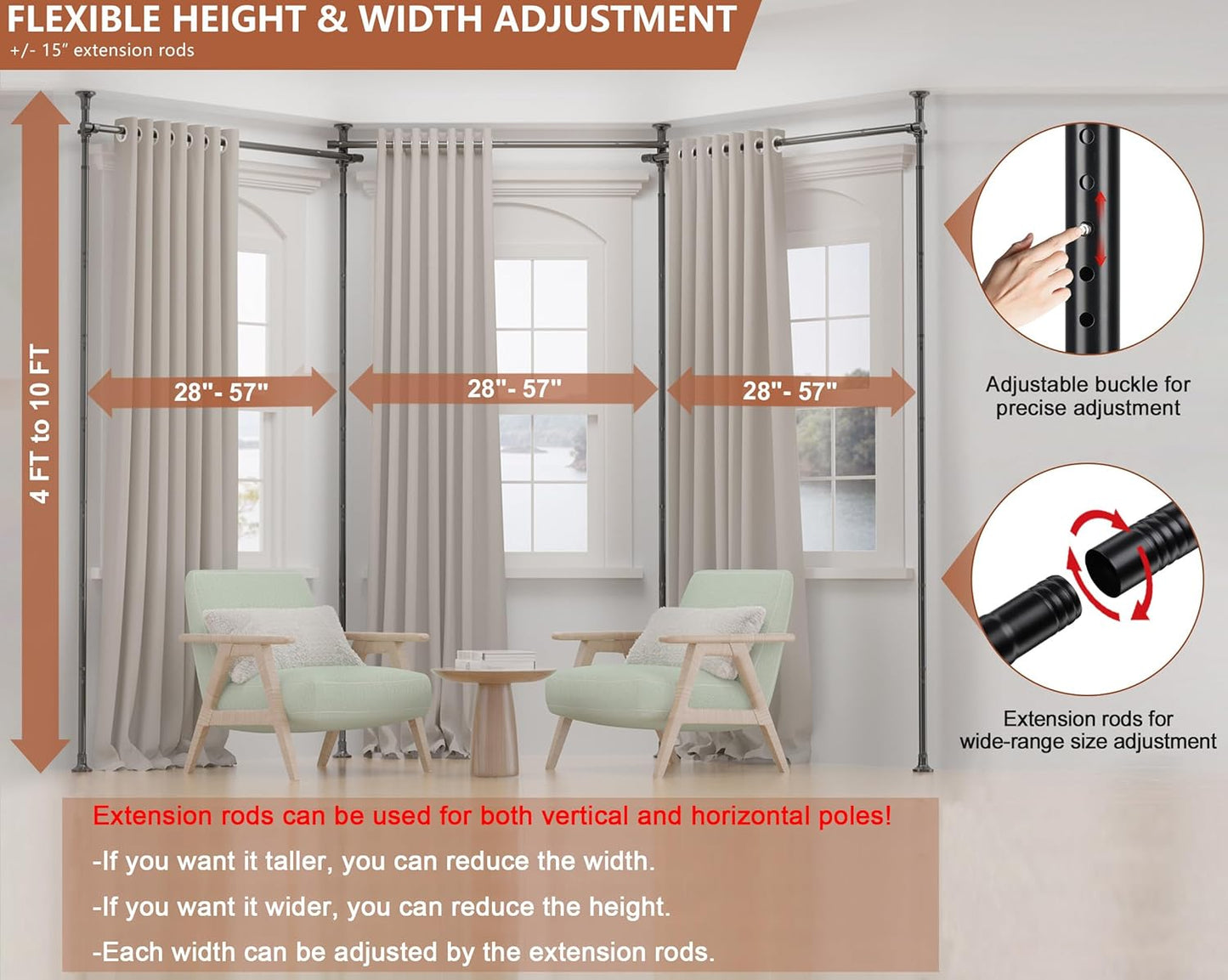 Room Divider for Wide Space Partitions, Curtain Rods No Drilling for Room Separation, 28-171inch(W) 4-10ft(H) Adjustable Heavy Duty Floor to Ceiling Tension Rod Room Dividers, Matte Black