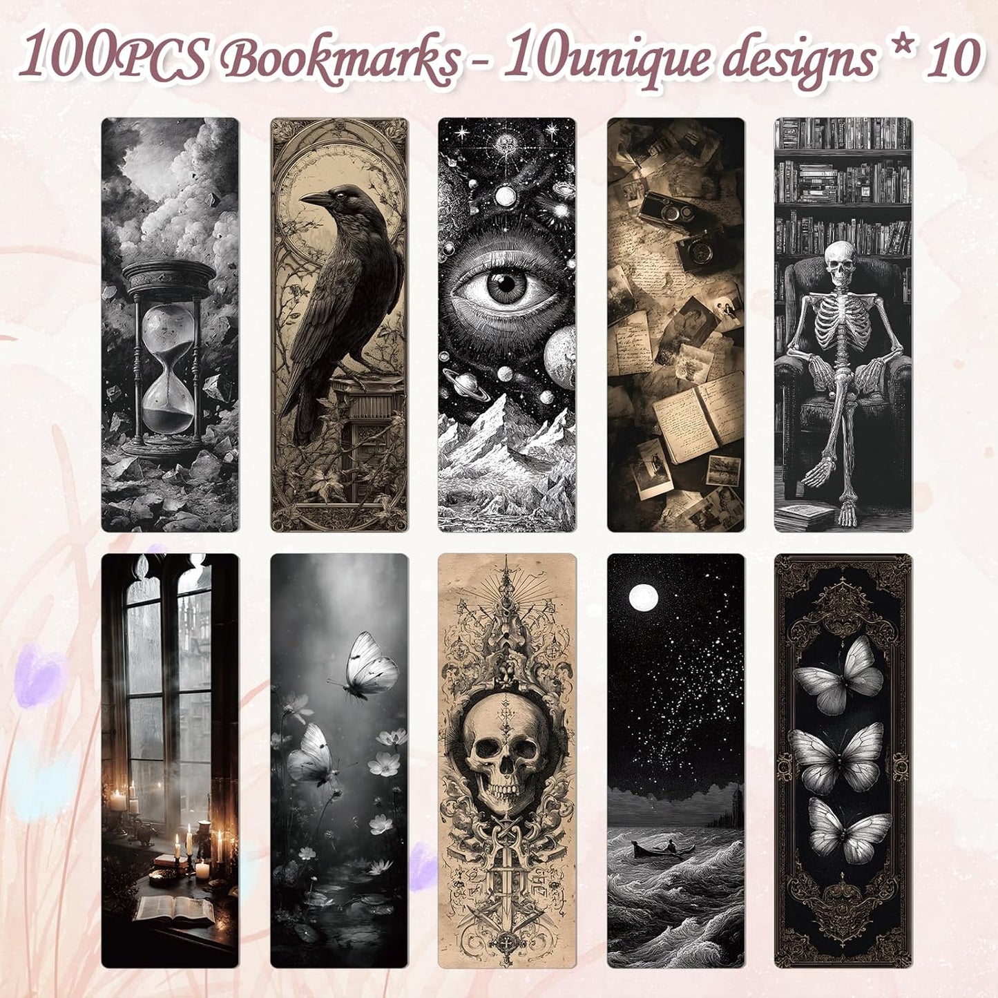Dark Academia Bookmarks Gifts - 100 Pcs Vintage Gothic Book Mark Dark Romance Bookmark Skull Witchy Page Marker Clip Gifts for Women Men Book Lovers Students Teachers Bookish Reading