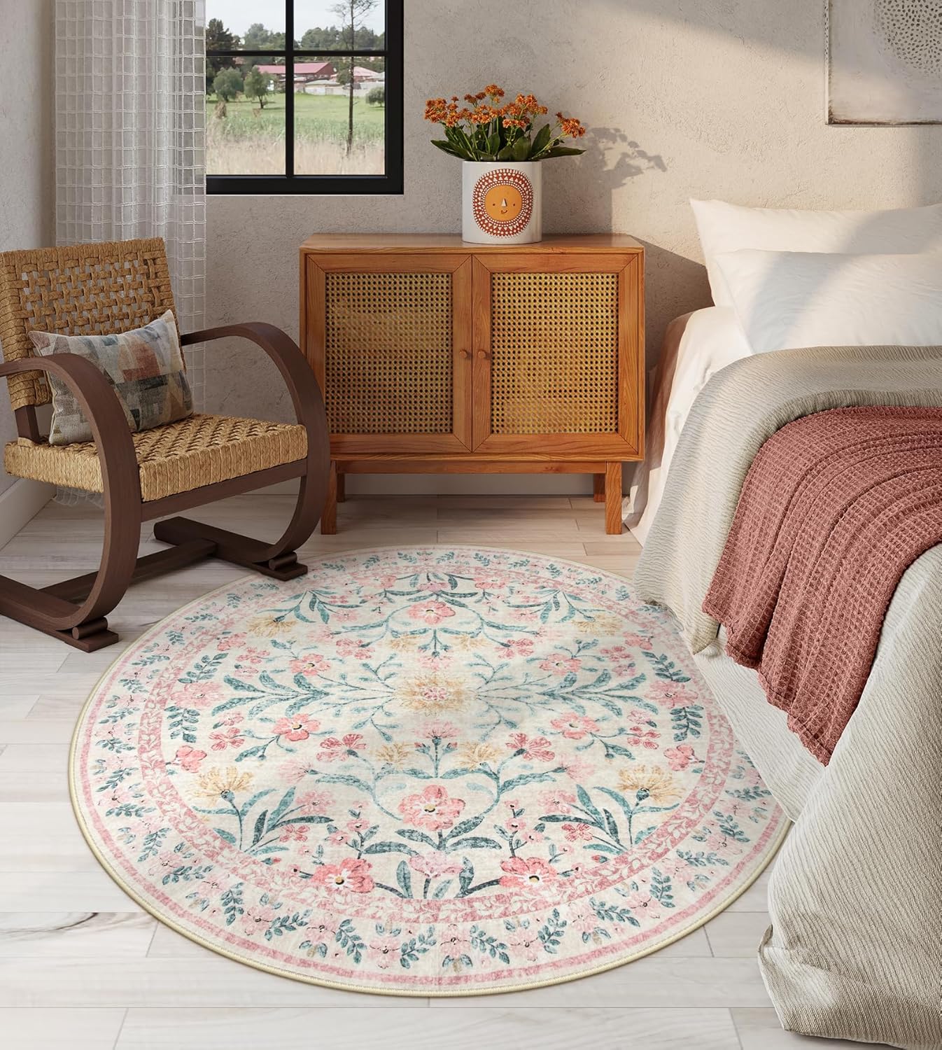Lahome Sylvie Boho Light Pink Round Rug 4ft, Washable Small Circle Rugs for Bedroom Kids, Pink and Green Nursery Circular Carpet Girl Decor, Soft Non-Slip Round Carpet for Sunroom, Blush