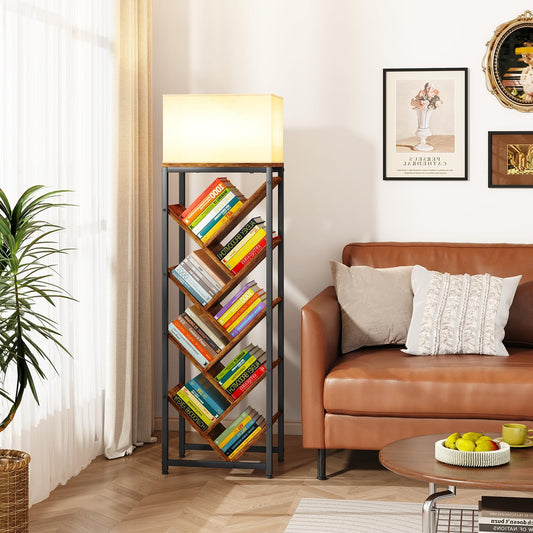 IBUYKE 9 Tier Tree Bookshelf, Floor Standing Wood Bookshelf for Narrow Space, Storage Organizer Bookcase for Books/CDs/Movies, Small Corner Bookcase for Bedroom Living Room,Rustic Brown,TBC002H
