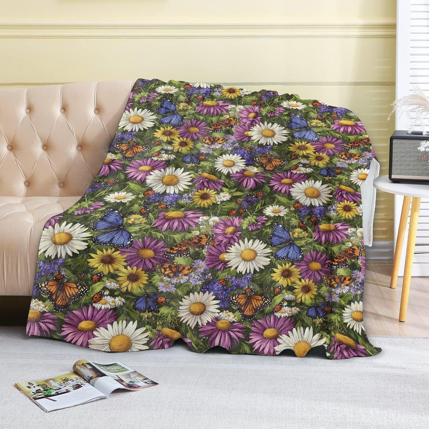 Wildflower and Butterfly Fleece Blanket - 40x50in Colorful Flower Daisy Floral Throw Blankets,Soft Cozy Lightweight, Ideal for Living Room Home Nature Decor and Kids Women Girls Spring Gifts