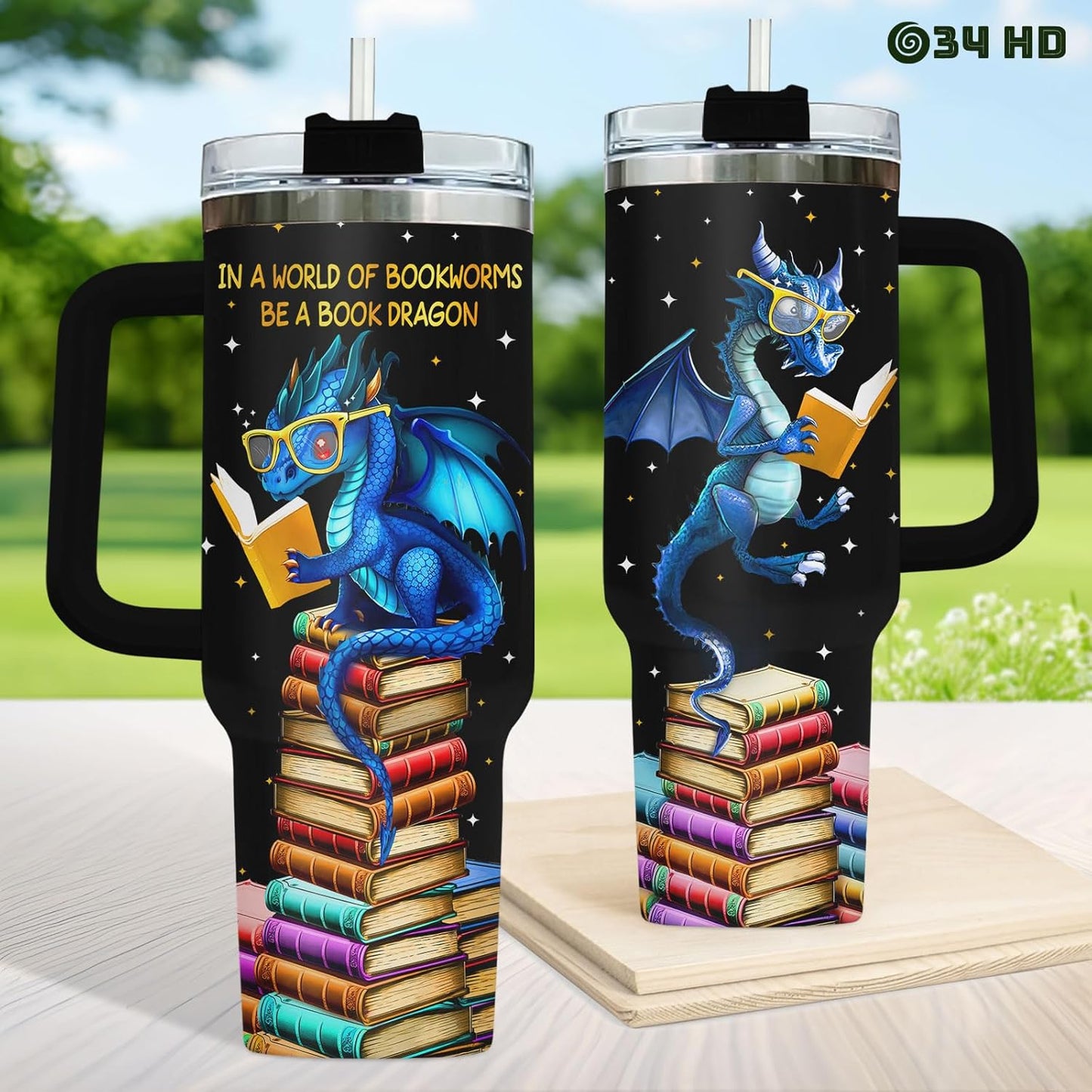 34HD Dragon Reading Books Tumbler 40oz with Handle and Straw, In a World of Bookworms Insulated Travel Coffee Mug, Bookish Items to Men & Women - Birthday Gifts for Book Lovers and Readers