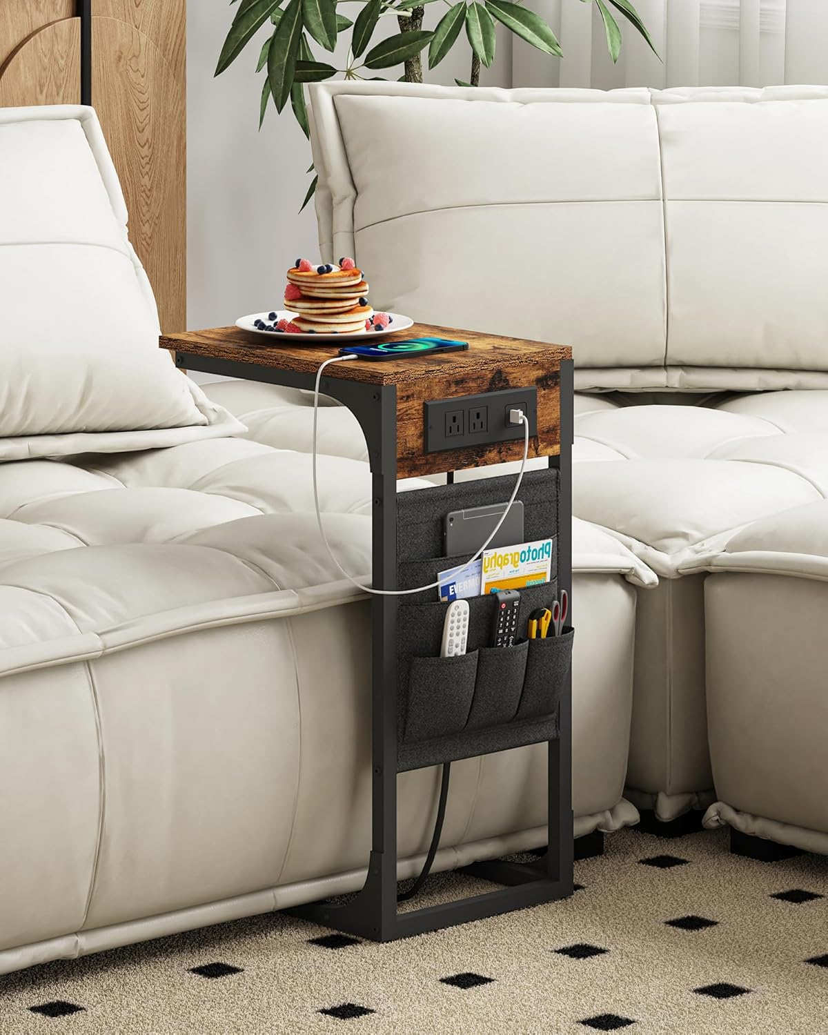 C-Shaped End Table with Charging Station — Storage Bag, 2 USB Ports, AC Outlets, for Living Room / Bedroom...