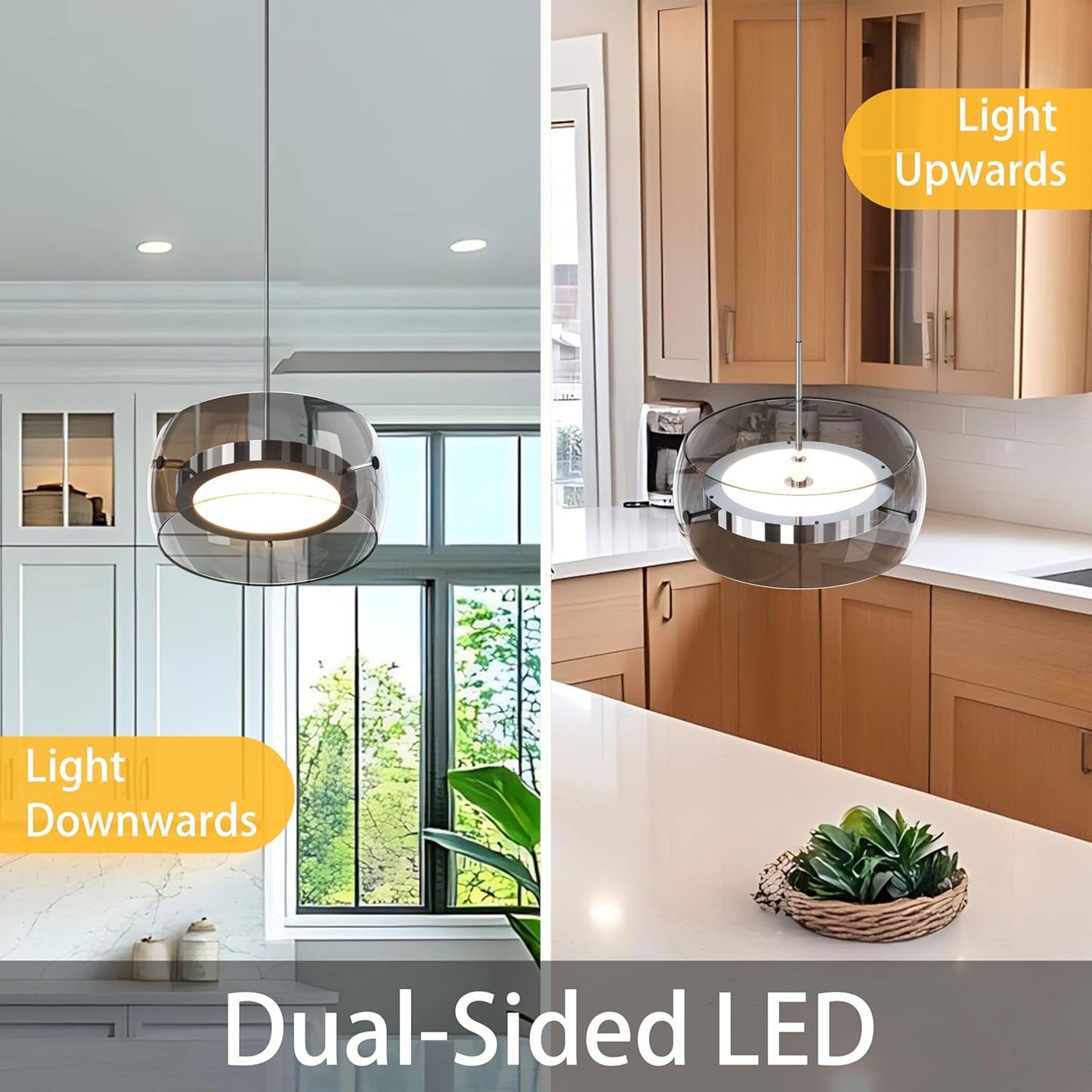 모던 펜던트 조명 주방 아일랜드, 양면 LED 3-CCT 조도 조절 가능한 훈제 유리 벽걸이 조명 기구, 다이닝 룸, 바, 테이블 위, 경사진 천장 크롬 실버