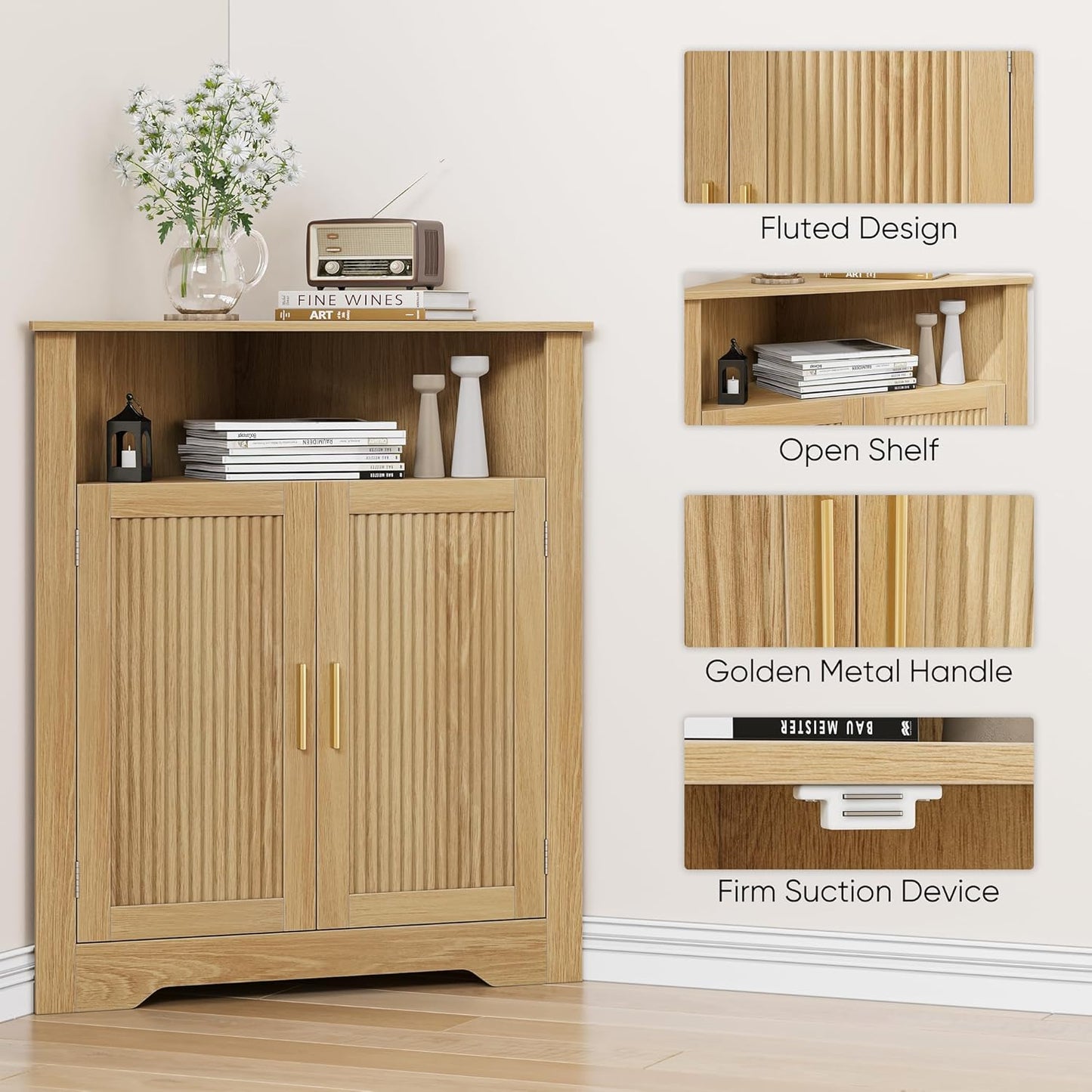 Smuxee Bathroom Corner Cabinet, Floor Corner Storage Cabinet with Fluted Door and Adjustable Shelf, Wooden Narrow Cabinet Organizer for Bathroom, Kitchen, Living Room
