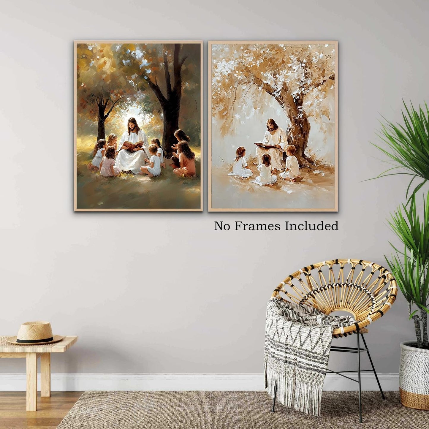 bitCNY Christian Nursery Wall Art Set of 2 – 12x16 Inch Jesus Reading with Children Under Tree, Inspirational Faith Prints 478