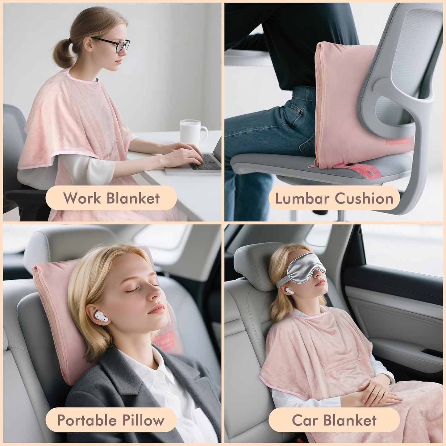 Tirrinia Travel Blanket Airplane Office Poncho 4 in 1 Premium Cozy Fleece Portable Poncho Blankets with Built-in Bag, Pocket