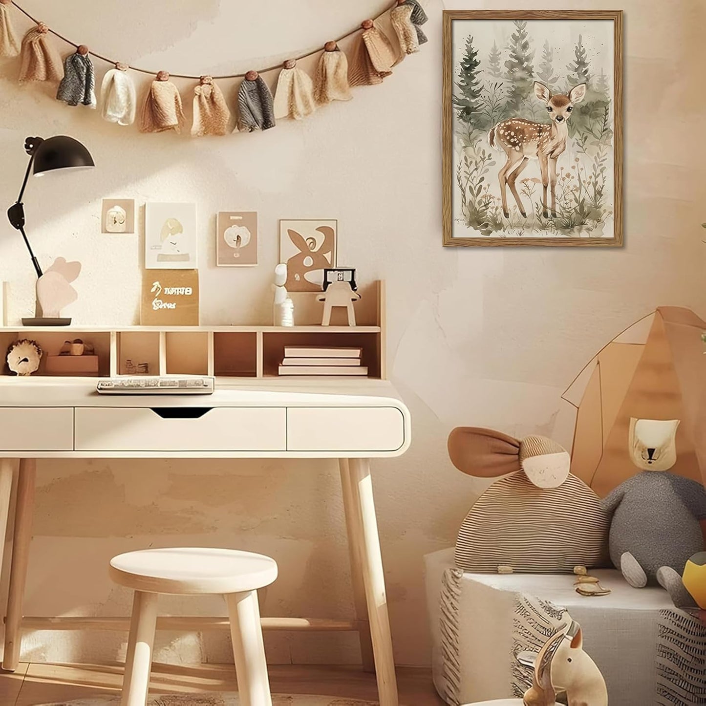 Framed Woodland Wall Art Nursery Decor Set of 3, Cute Wild Animals Bear Fox Deer Canvas Wall Art, Nature Watercolor Prints, Animal Pictures Wall Decor for Baby Room Kids Bedroom – 16x24 inch
