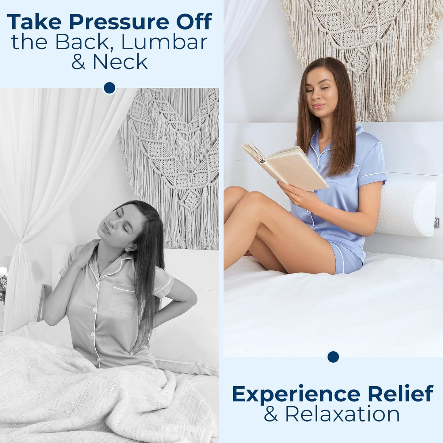 5 STARS UNITED Knee Pillow for Back Sleeping – Memory Foam Cushion for Sciatica Pain Relief – Under Leg Support for Sleeping on Back – Half Moon Bolster for Bed, White