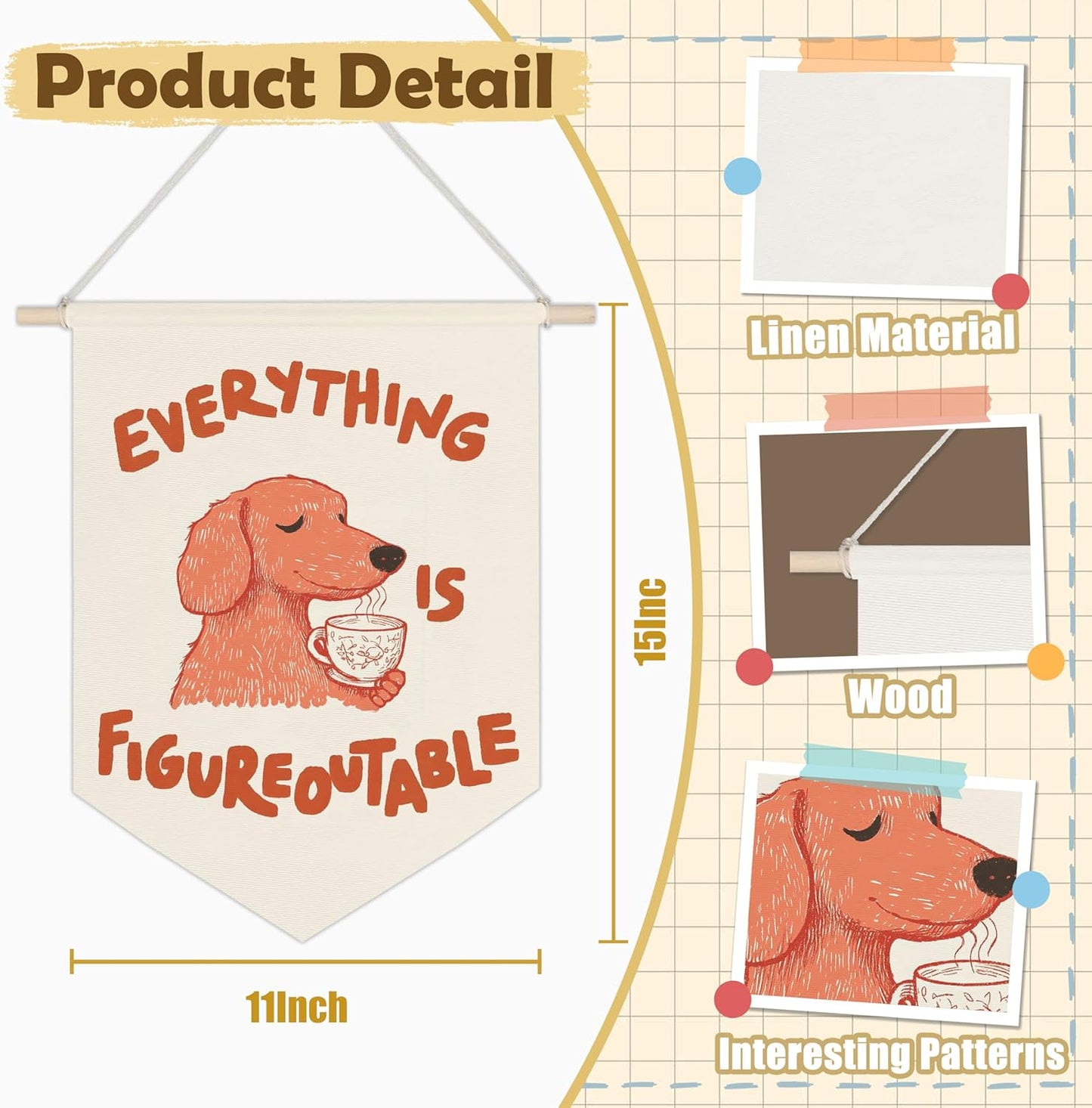 LZYRF Funny Dog Inspirational Wall Banners, Everything is Figureoutable Humorous Hanging Pennant Banner Flags, Positive Quote Wall Art for Home Office Decor