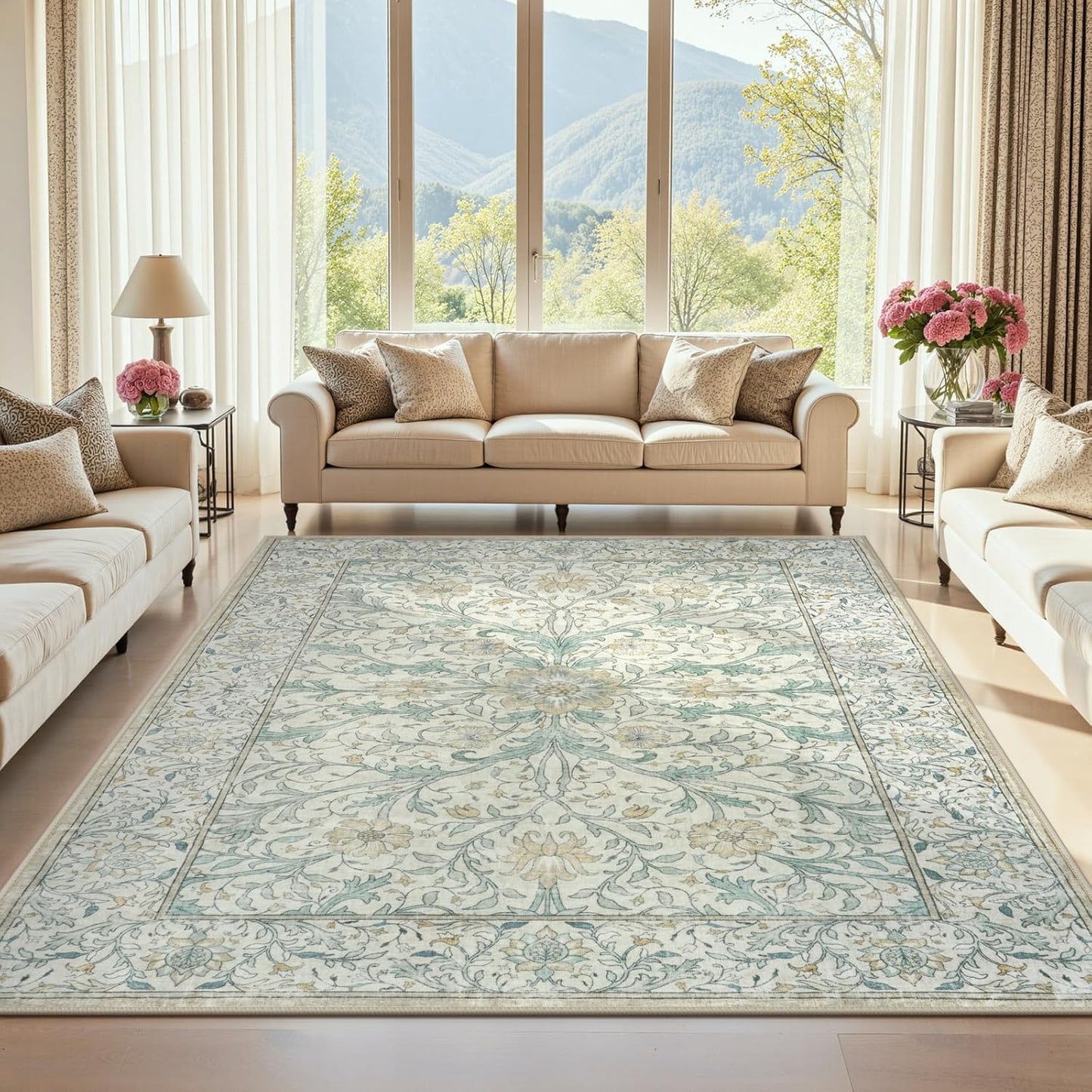 Collive 8x10 Area Rugs for Living Room, Washable Floral Bedroom Rug, Vintage Neutral Non Slip Low Pile Throw Large Carpet, Soft Retro Distressed Rugs for Dining Room Office, Ivory/Light Turquoise
