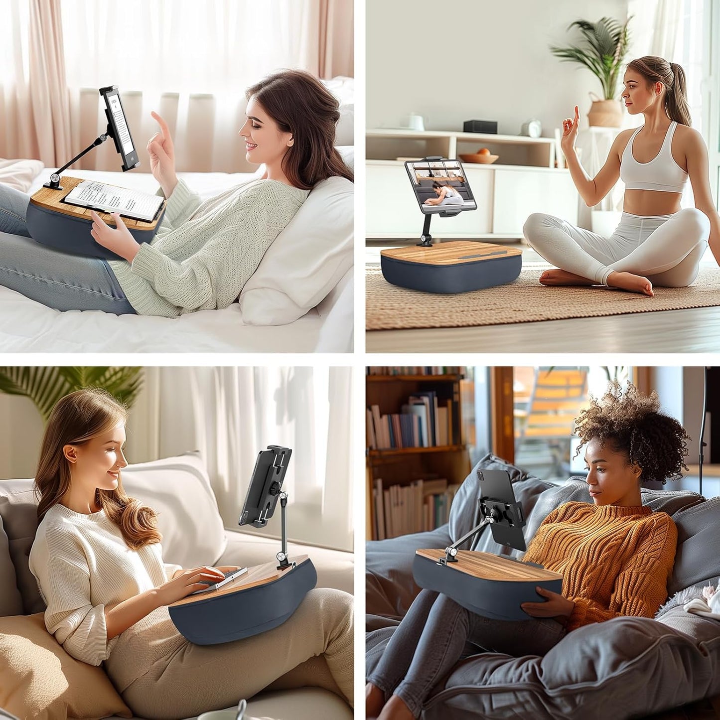 Lap Cozy Kindle Pillow Stand for Bed with Adjustable Arm, 360° Tablet Holder, Fits 4.7"-13" Kindle, iPad, Phone, Lap Desk for Hands Free Reading in Bed, Couch, Sofa,Gray