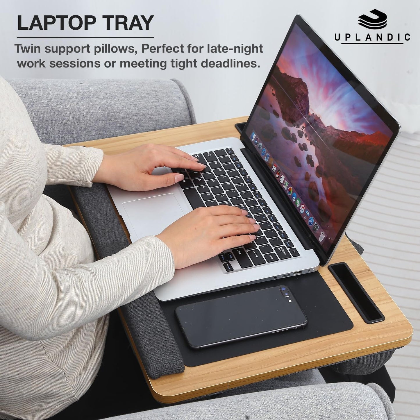 Laptop Tray – Home Office Lap Desk with Built-in Mouse Pad, Wrist Rest & Phone Holder, Portable Laptop Stand with Cushion, Tablet Slot & Carry Handle, Ideal for Bed & Workspaces (Walnut)
