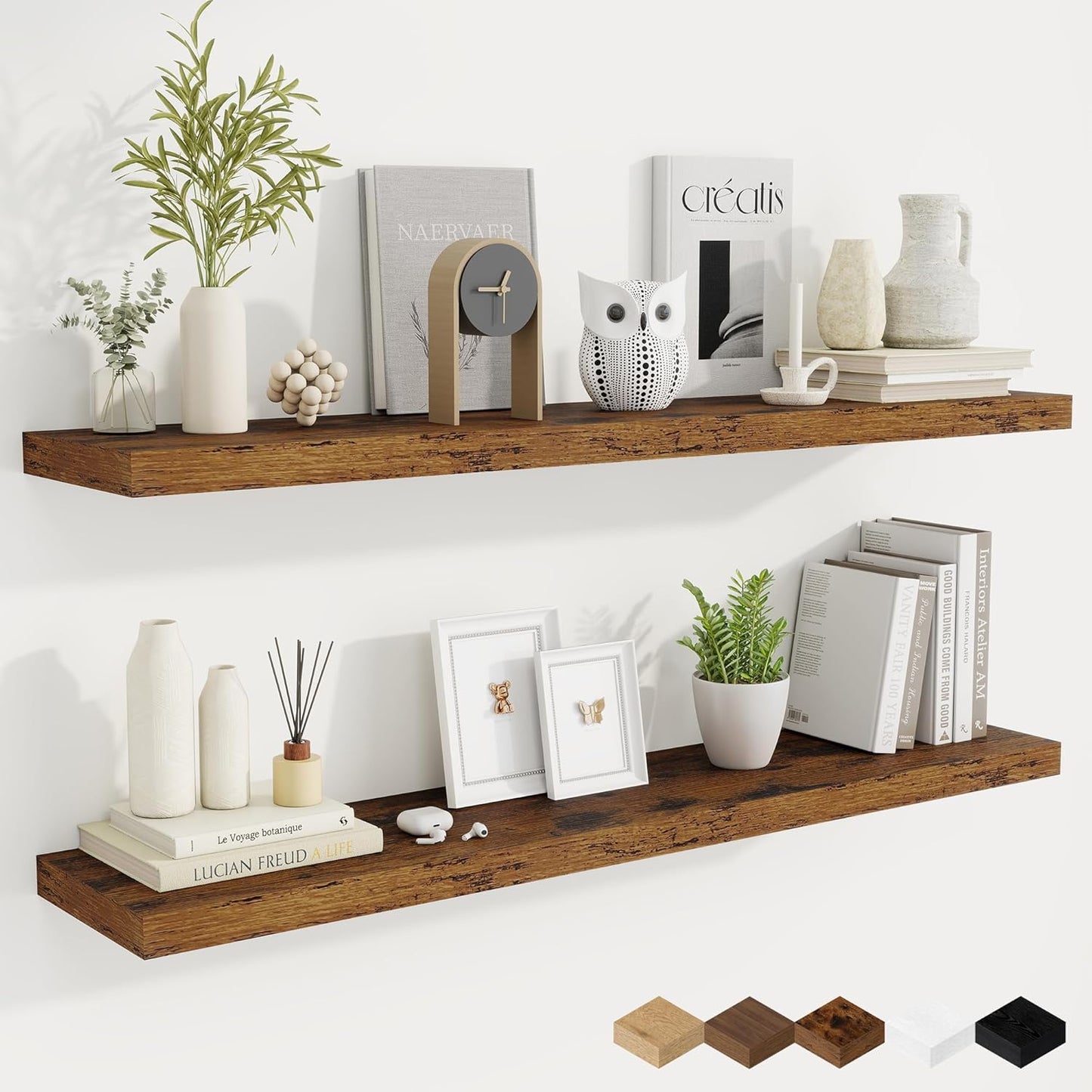 Fun Memories 48 Inch Brown Floating Shelves, 9.3 Inch Deep Wall Shelves for Living Room|Bedroom|Kitchen, Rusitc Wall Mounted Bathroom Shelves 2 Pack, Heavy-Duty Deep Shelf for Books，Decor