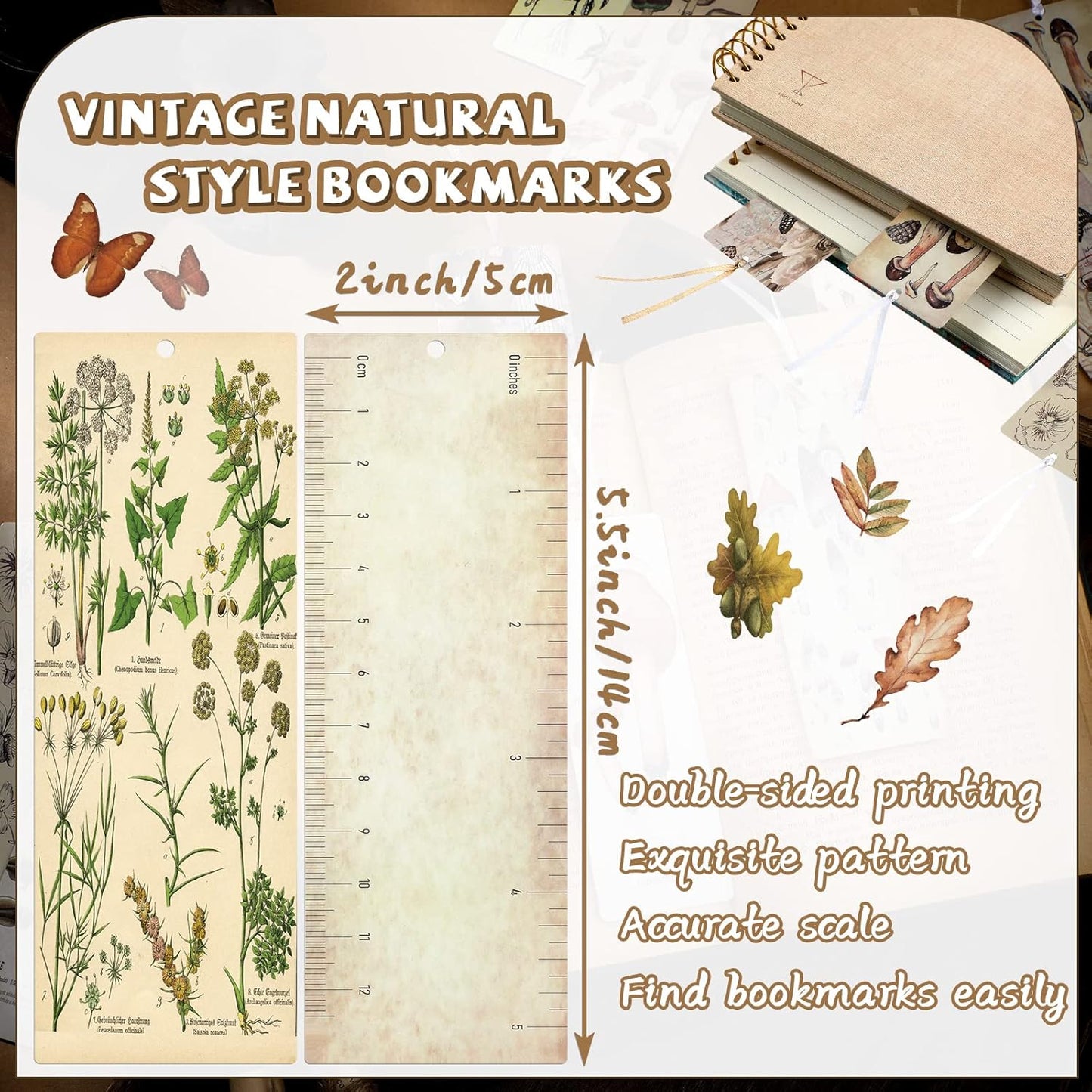 120 Pack Vintage Natural Style Butterfly Flower Plant Bookmarks Vintage Bookmarks Page Clips Assorted Book Markers Set with Exquisite Pattern for Women, Students, and Book Lovers