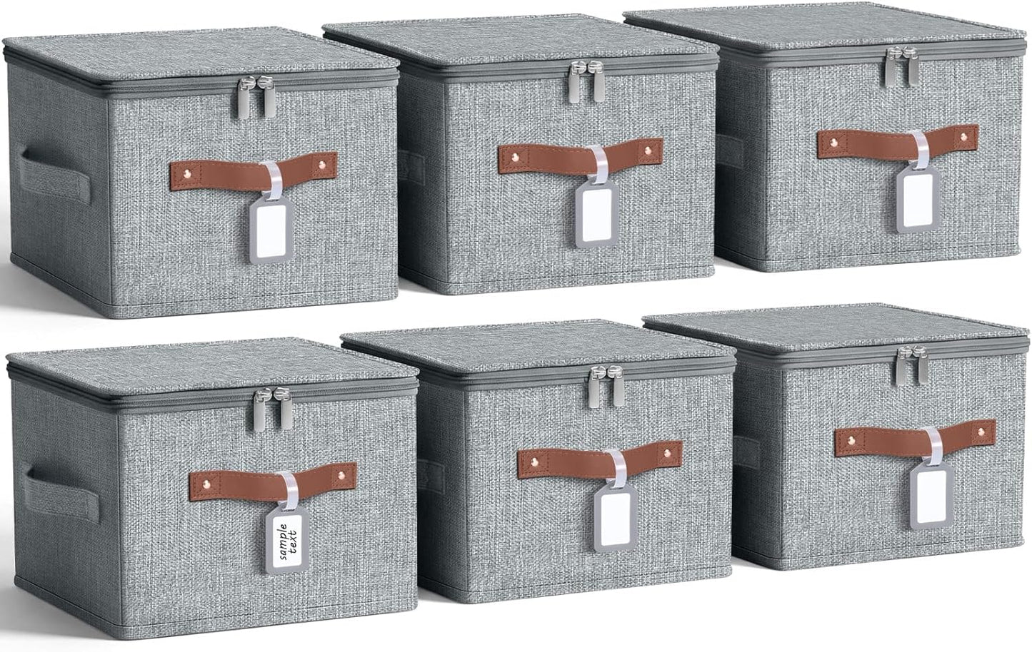 6 Pack Fabric Closet Storage Bins with Zipper Lids and Label, 10×8×7In Large Size Foldable Cotton Linen Storage Cubes Boxes with PU Leather Handles Holders for Bedroom, Shelf, Nursery, Gray