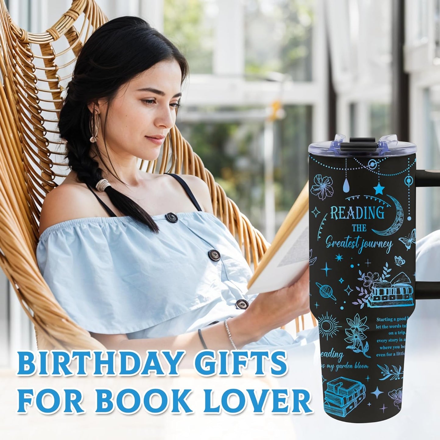 40oz Book Lover Tumbler with Handle and Straw, Insulated Stainless Steel Gift for Readers, Book Reader Gifts for Women, Christmas, Birthday Gift for Women, Friends, and Mothers