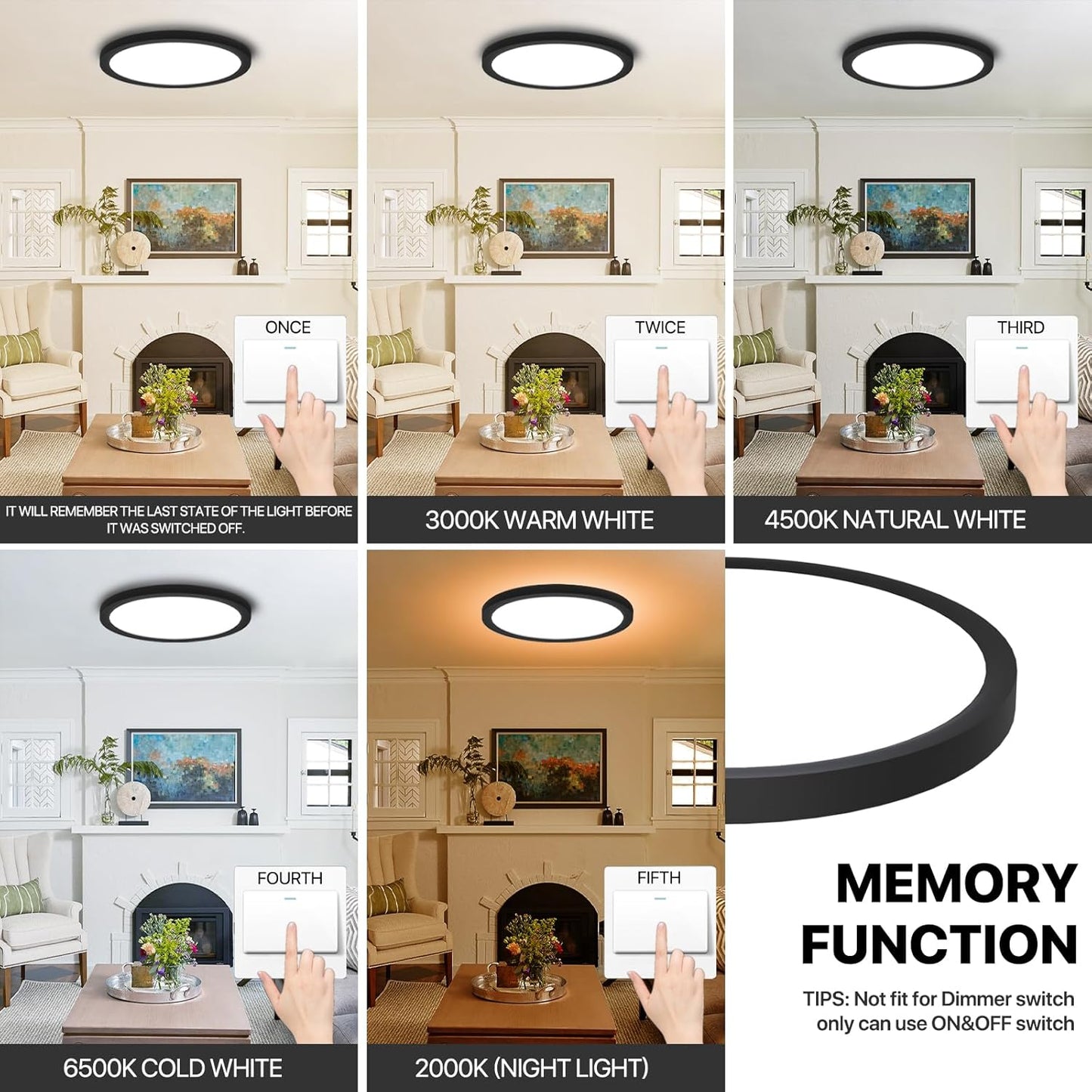 Dimmable LED Flush Mount Ceiling Light Fixture with Remote Control, 24W 2400LM, 12Inch, 2000K Warm Night Light & 3000K-6500K, Modern Super Slim Ceiling Lamp for Bedroom Kitchen, Black, 1 Pack