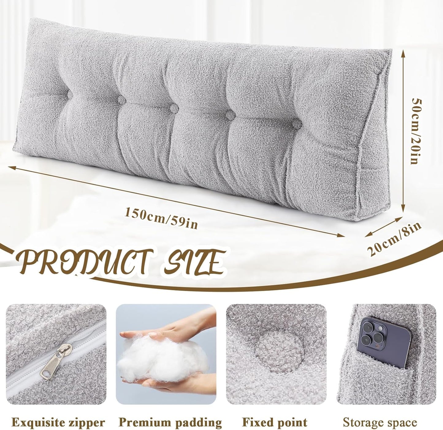 Wenqik Triangular Headboard Wedge Pillow Fleece Backrest Bedside Cushion Pillow Queen Size Support Pillow for Sitting up in Bed Bolster Pillow for Reading with Removable Cover, 59 x 20 x 8 Inch