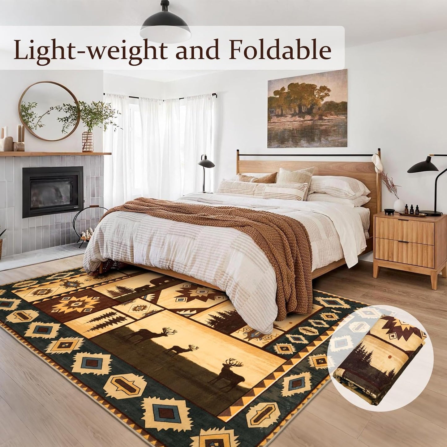 Farmhouse Area Rug 5x7, Animal Print Rug, Living Room Rugs Washable, Non-Slip Faux Wool Rustic Cabin Rugs Floor Carpet, Vintage Country Home Decor