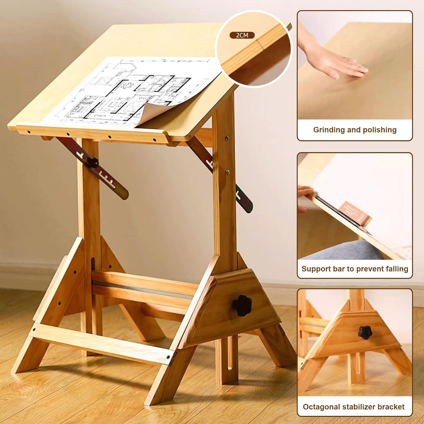 Drafting Table Art Desk for Adults - Solid Wood Drawing Table with Adjustable Angle & Height, Includes Stool - Ideal for Graphic Design, Reading, Studio & Study