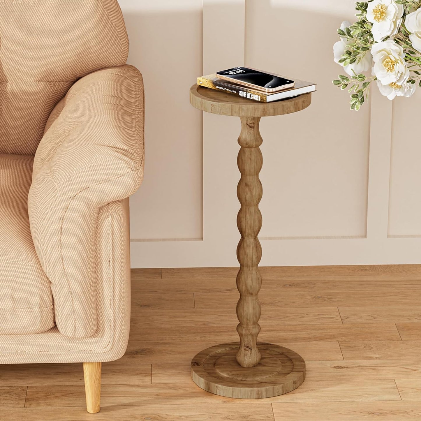 Small Side Table, Rubberwood‌ Drink Table for Small Spaces, Solid Wood Pedestal Coffee Tables, Round End Tables for Living Room, Sofa Couch, Bedroom, Corners, and Office (Brown, 9.4 inch)