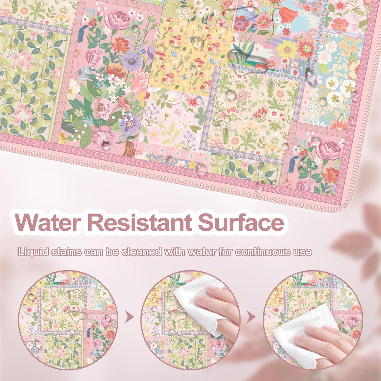 iCasso Pink Desk Mat for Keyboard and Mouse, Large Mouse Pad, Floral Desk Pad, Anti-Slip XXL Big Mousepad with Stitched Edges for Computer